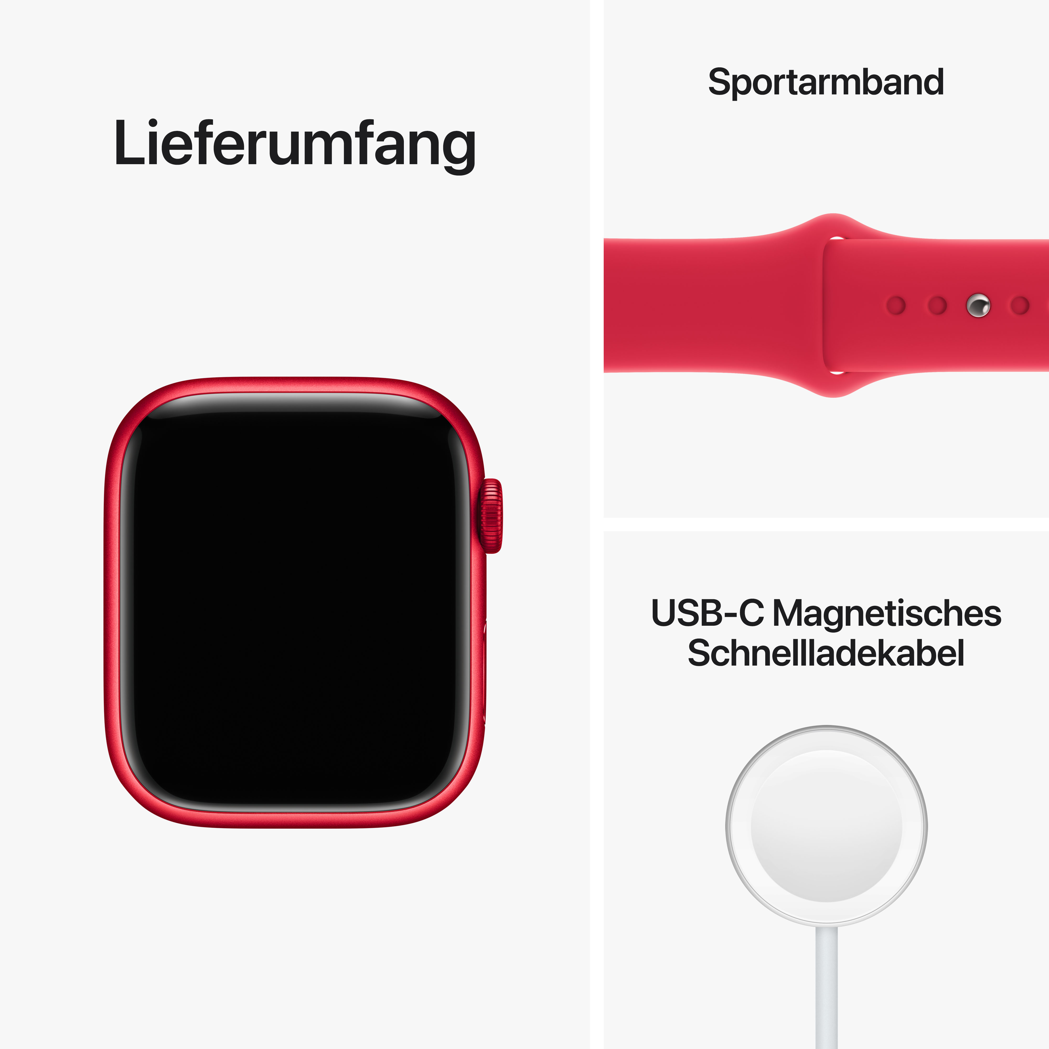 Eine rote Smartwatch mit rotem Armband und USB-C-Ladekabel, alles auf weißem Untergrund.