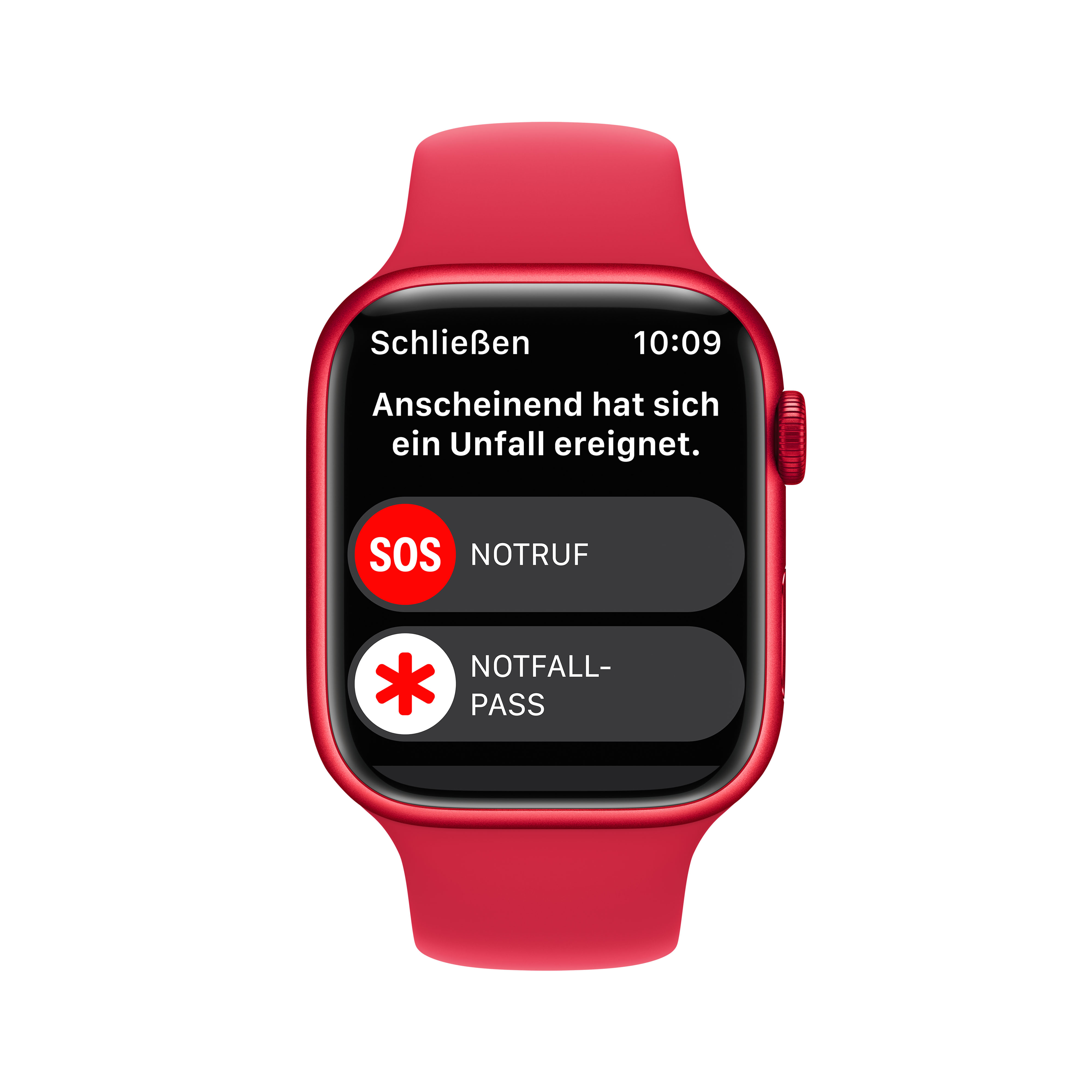 Rote Apple Watch mit Notfallbildschirm mit SOS- und Notfallpass-Optionen.