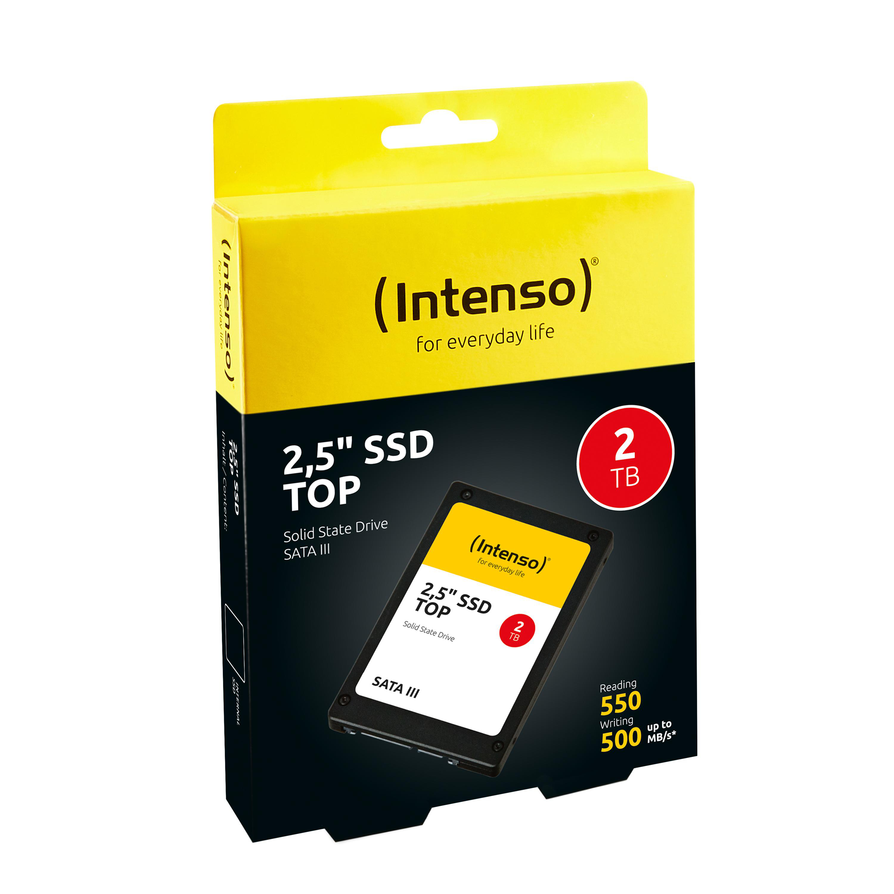 Eine gelbe Box mit einer schwarzen und gelben SSD, mit dem Text 2,5" SSD TOP.