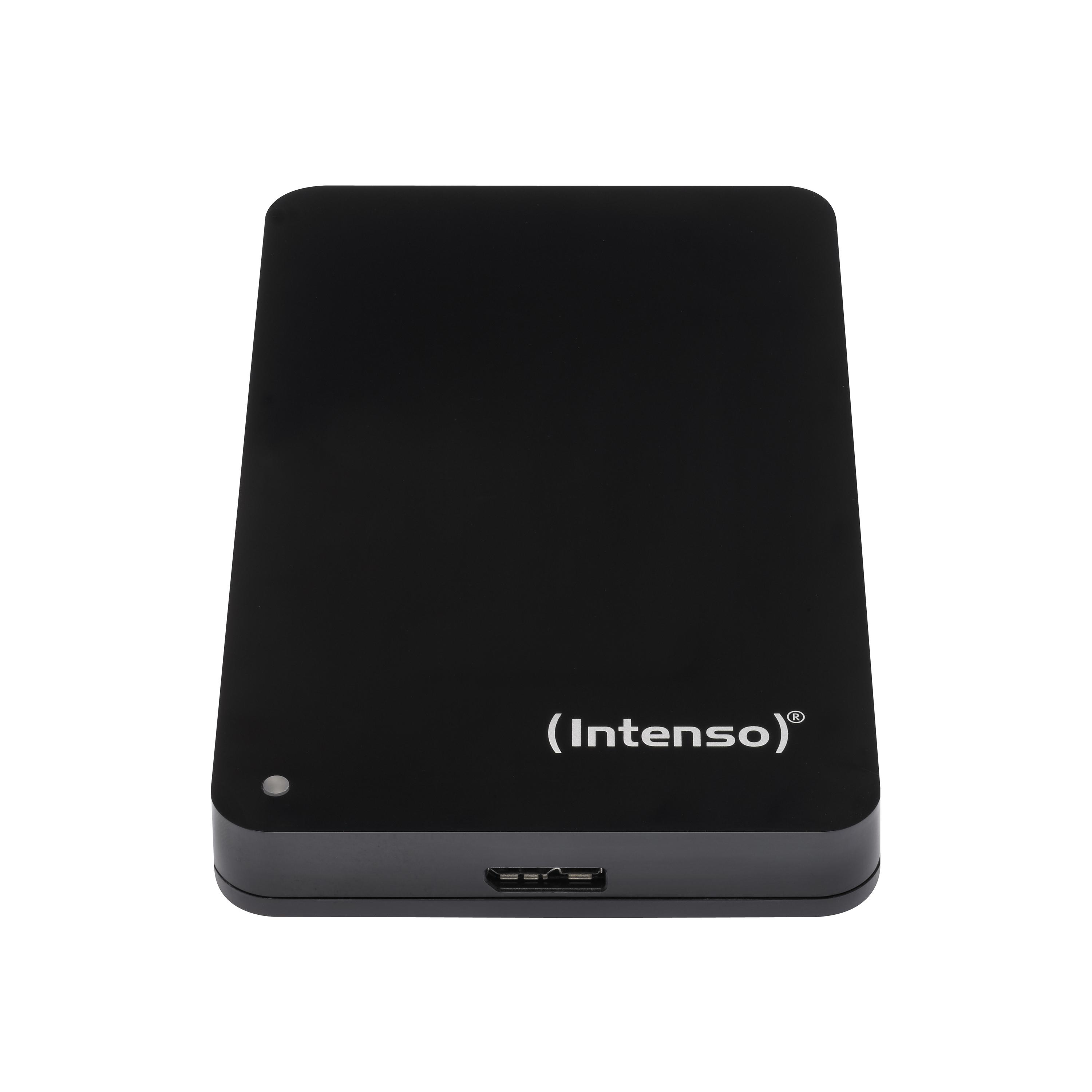 Schwarze Intenso externe Festplatte. Hat einen USB-Anschluss und ein kleines Licht an der Seite.
