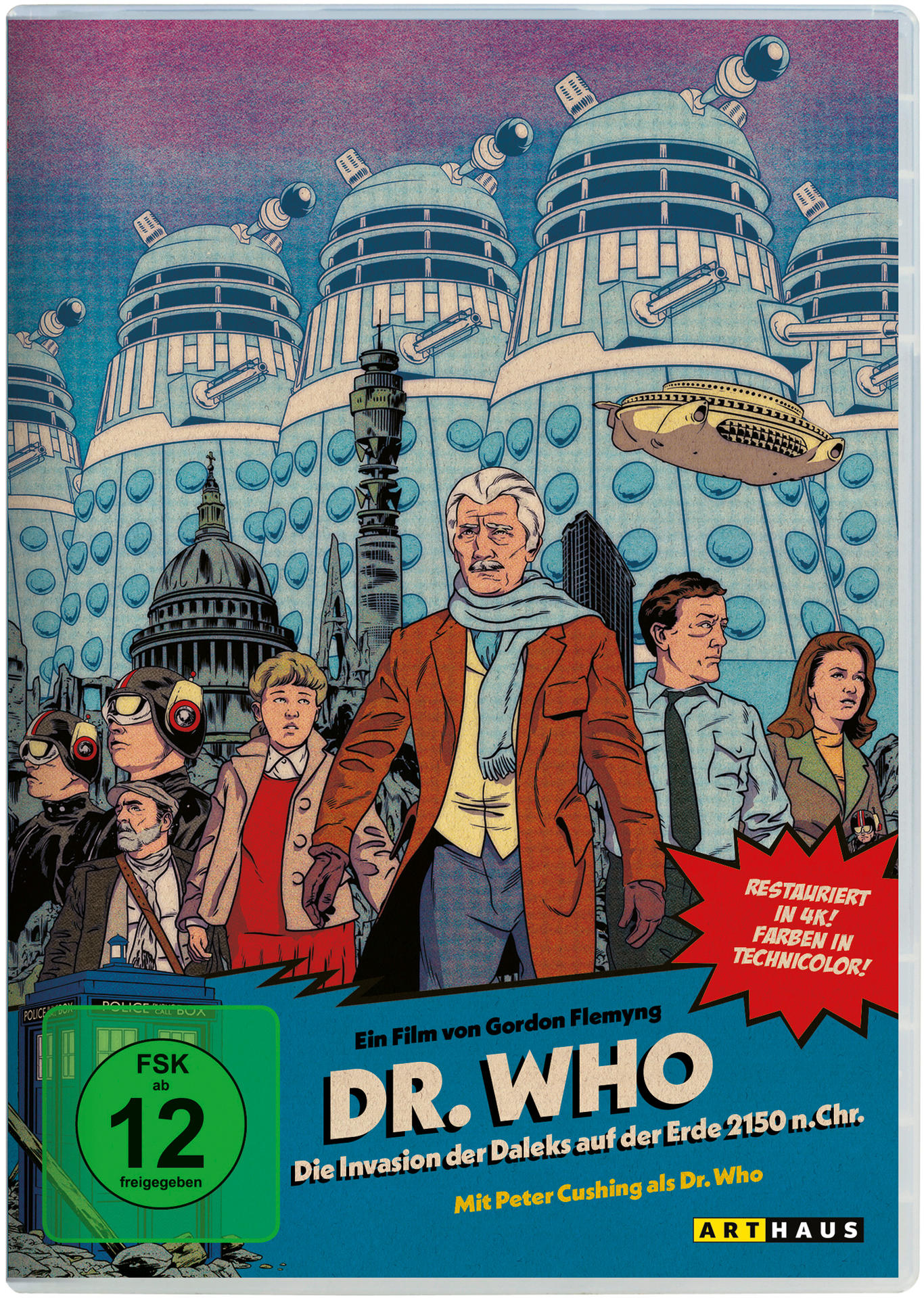 Dr. Who DVD-Cover. Enthält den Doktor, andere Personen und Daleks im Hintergrund. Blau, rot und grün dominieren.