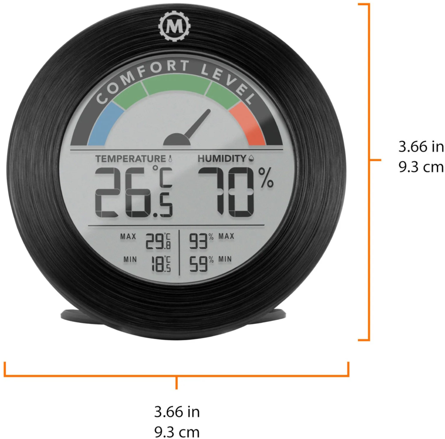 Black circular weather station displaying temperature and humidity levels.