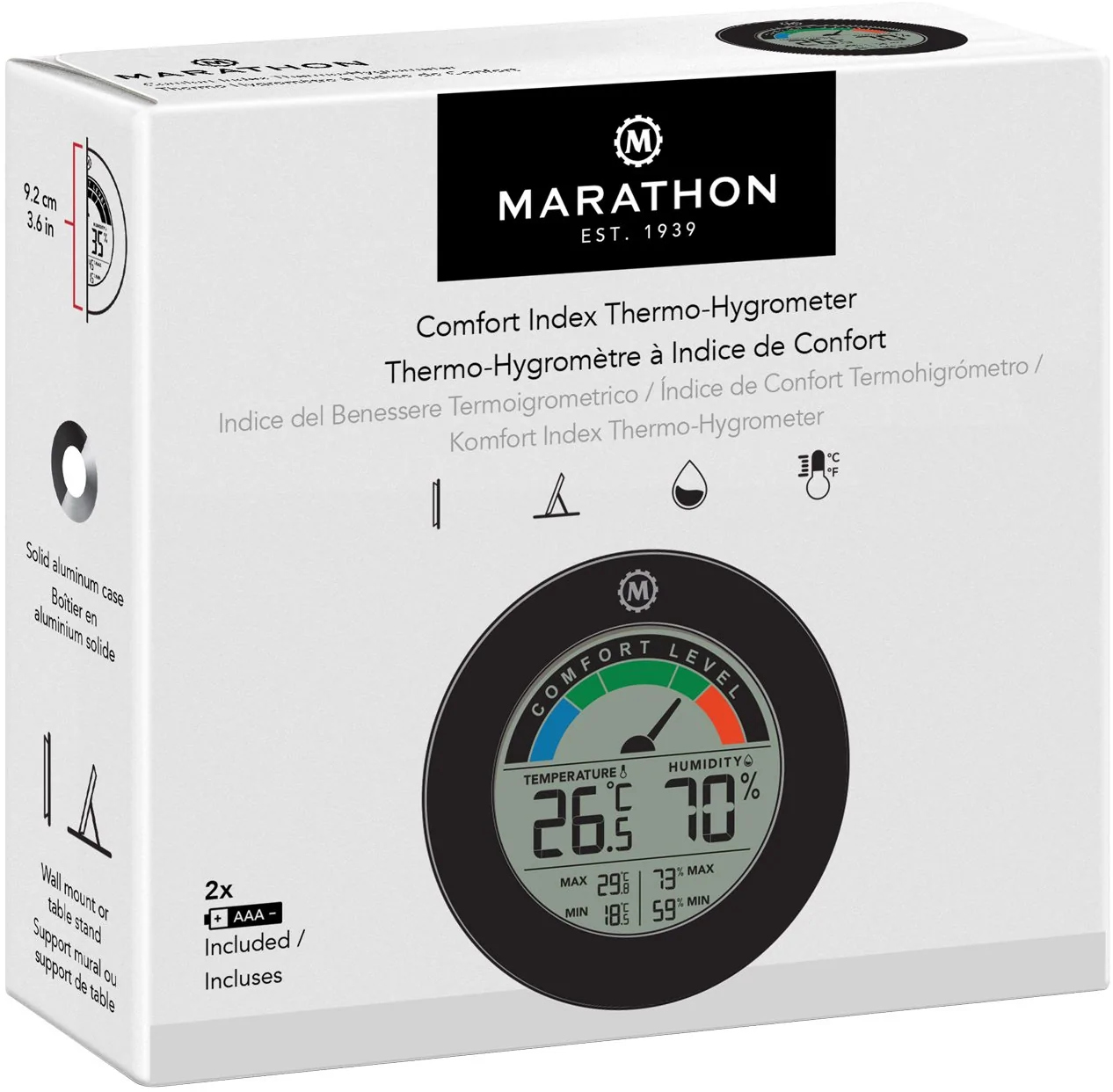 Marathon comfort index thermo-hygrometer, white box. Shows temperature and humidity.