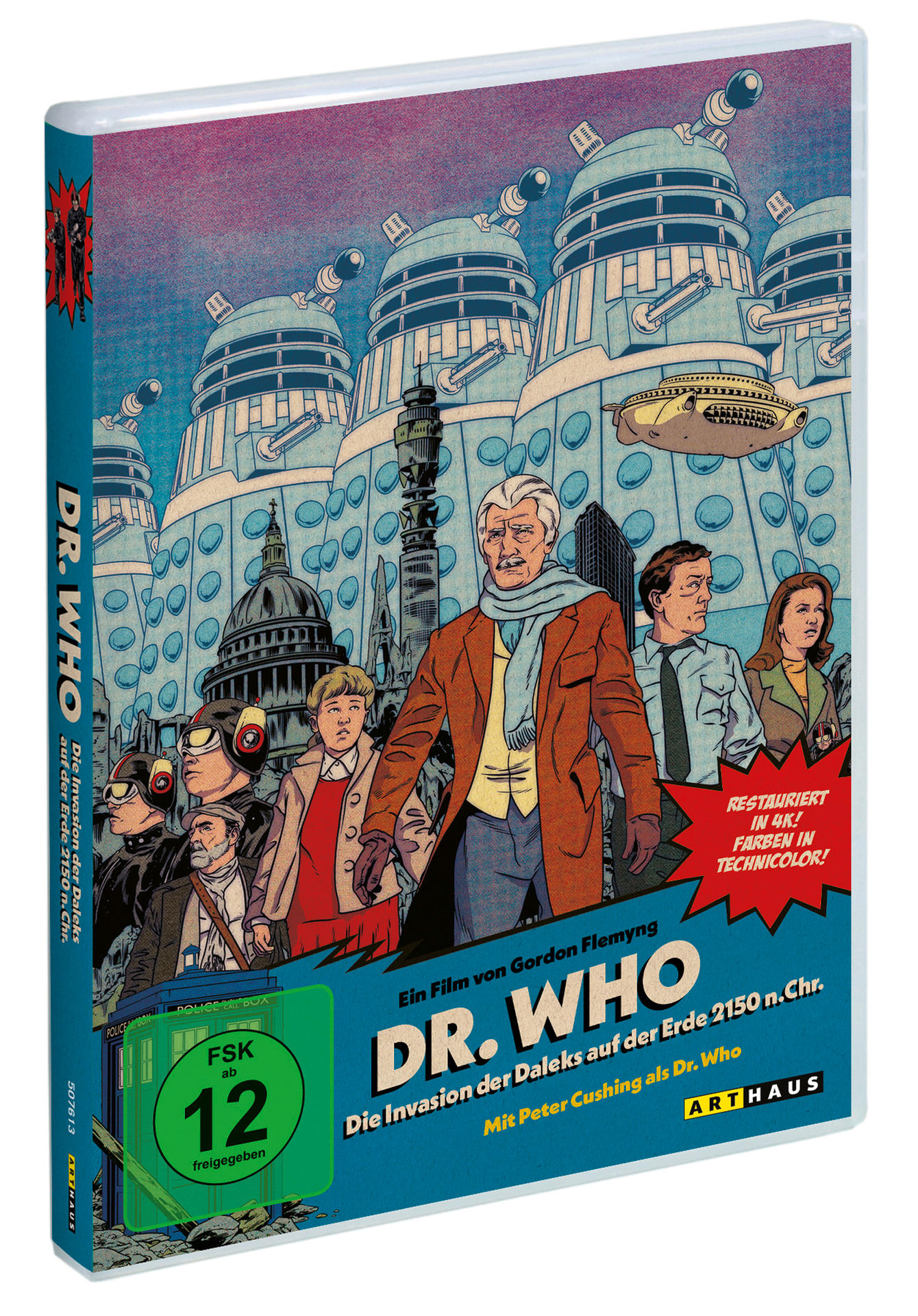 DVD-Hülle für Dr. Who. Enthält eine Retro-Comic-Illustration der Daleks und Charaktere.