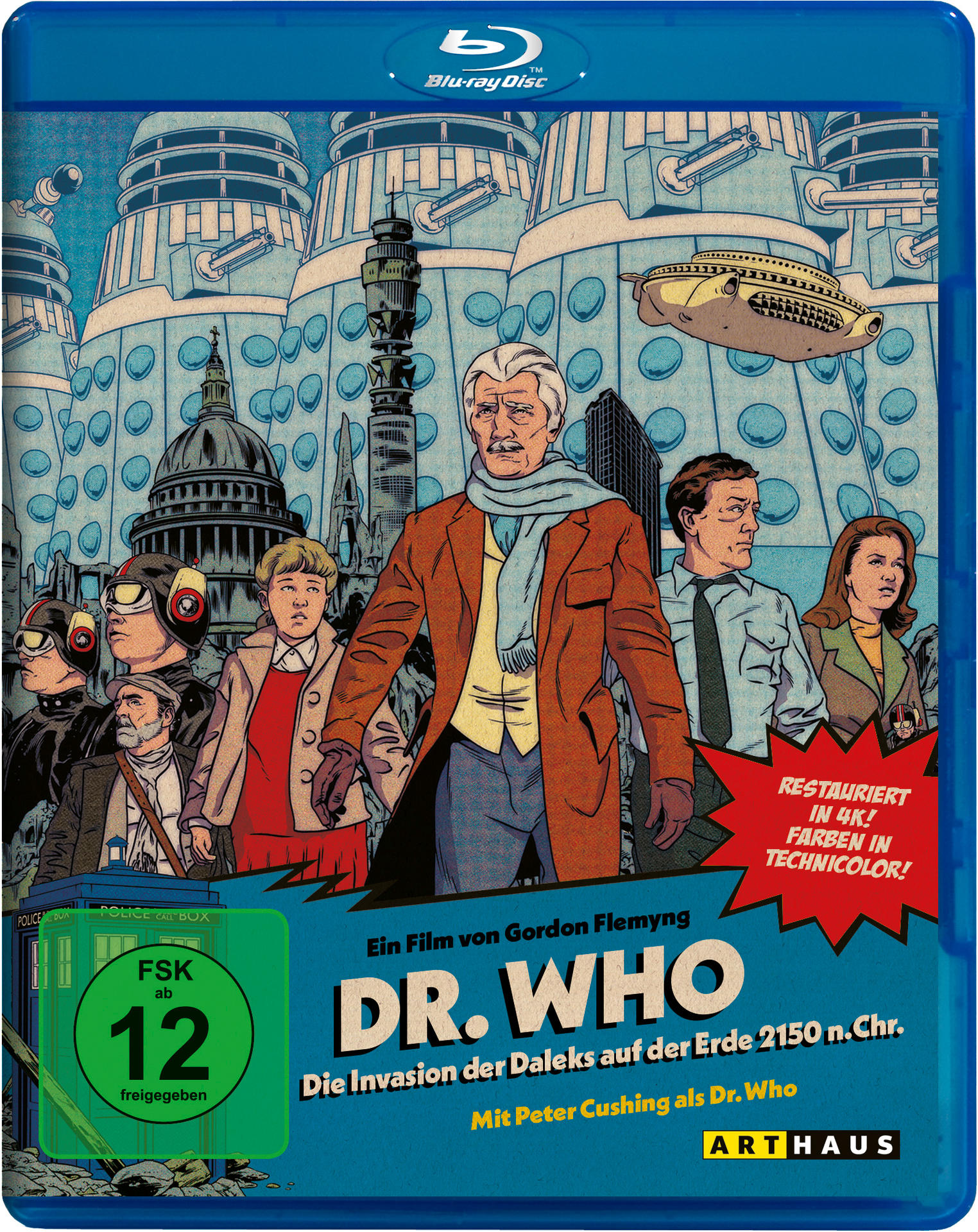 Blu-ray-Cover des Dr. Who-Films mit Schauspielern und Daleks. Enthält Text in Englisch und Deutsch.