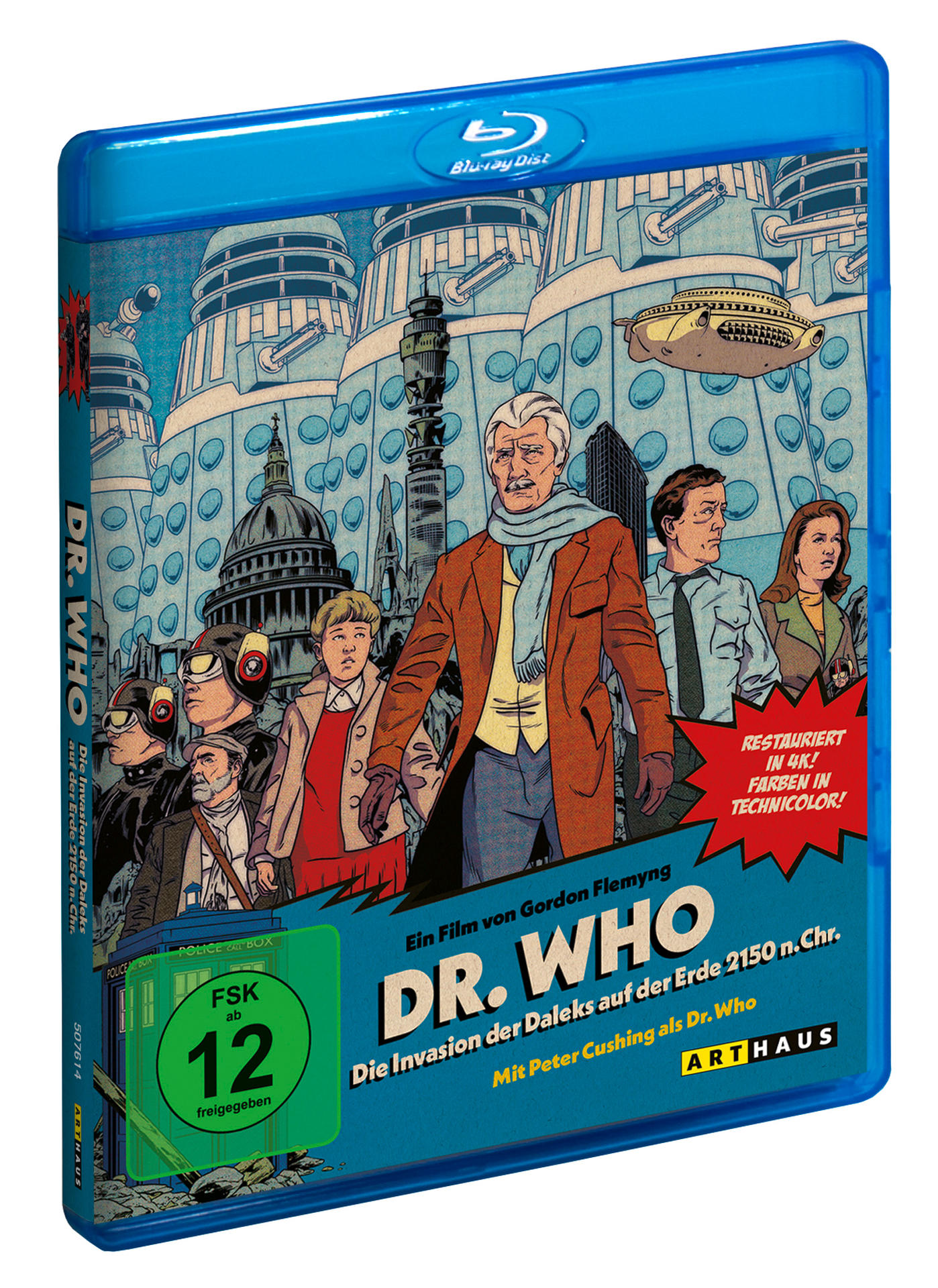 Blu-ray-Cover für 'Dr. Who' mit einer Retro-Illustration der Charaktere.