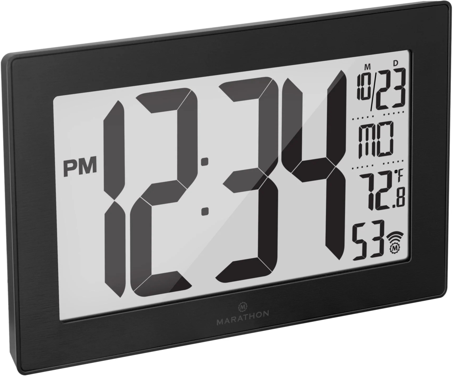 Horloge numérique noire affichant l'heure, la date, la température et un symbole Wi-Fi. L'horloge est rectangulaire et moderne.