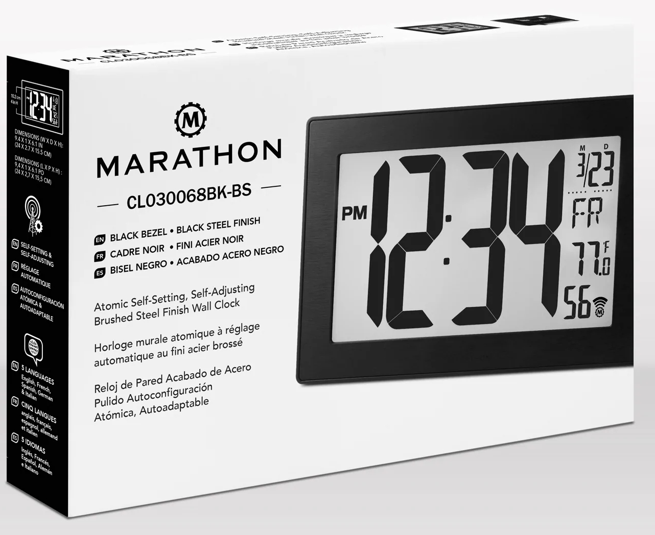 Une horloge numérique noire avec une boîte blanche, affichant l'heure, la date et la température.