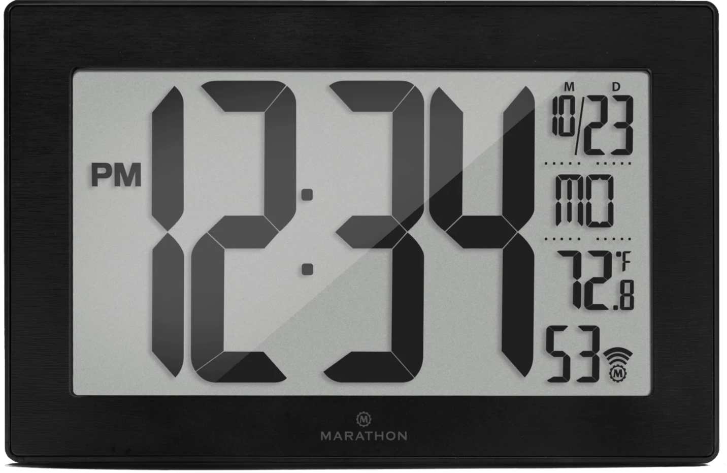 L'horloge numérique noire affiche l'heure, la date et la température. Cadre noir, écran blanc avec PM, 12:34, date et température.