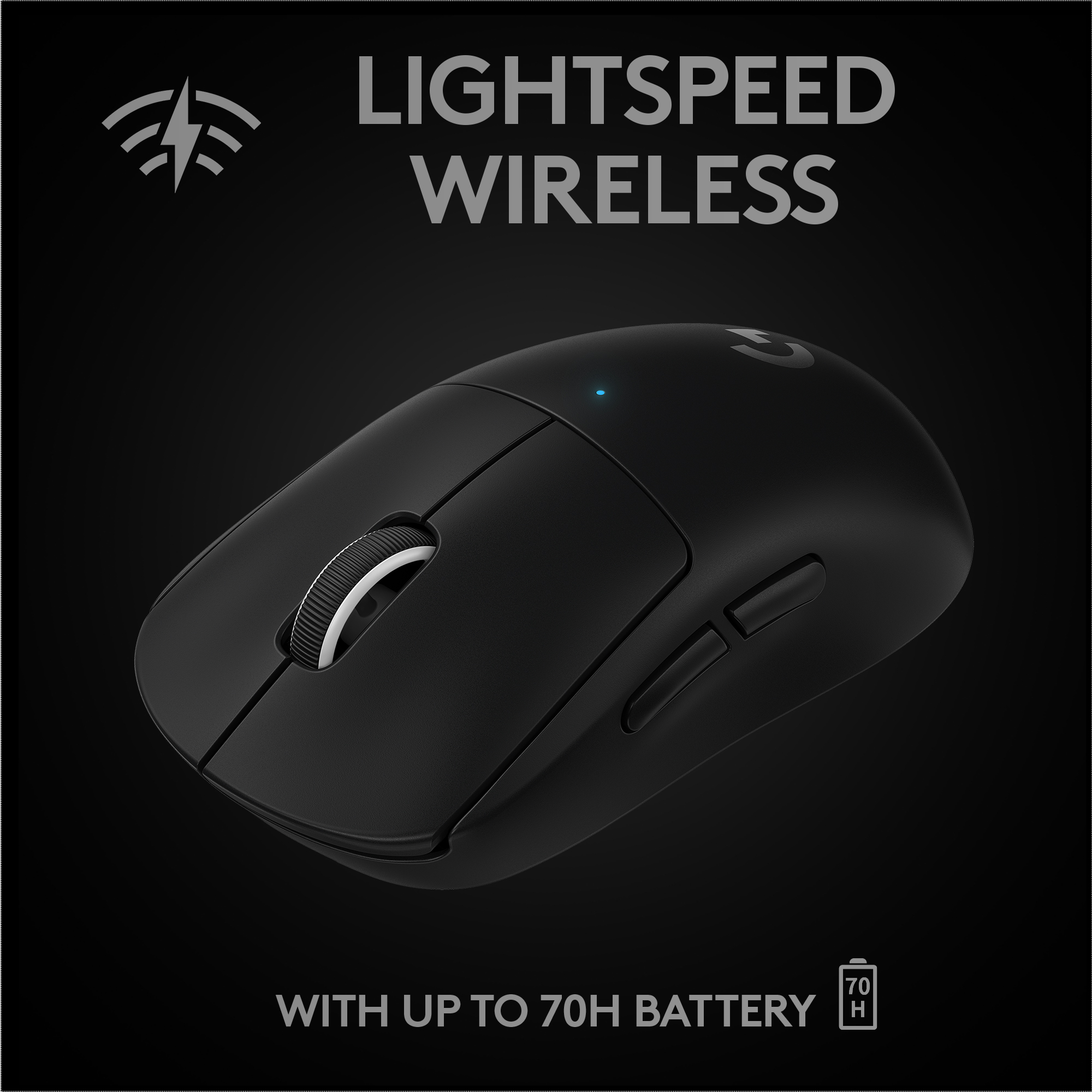 Souris gaming sans fil noire avec les mots 'LIGHTSPEED WIRELESS' et une icône de batterie.
