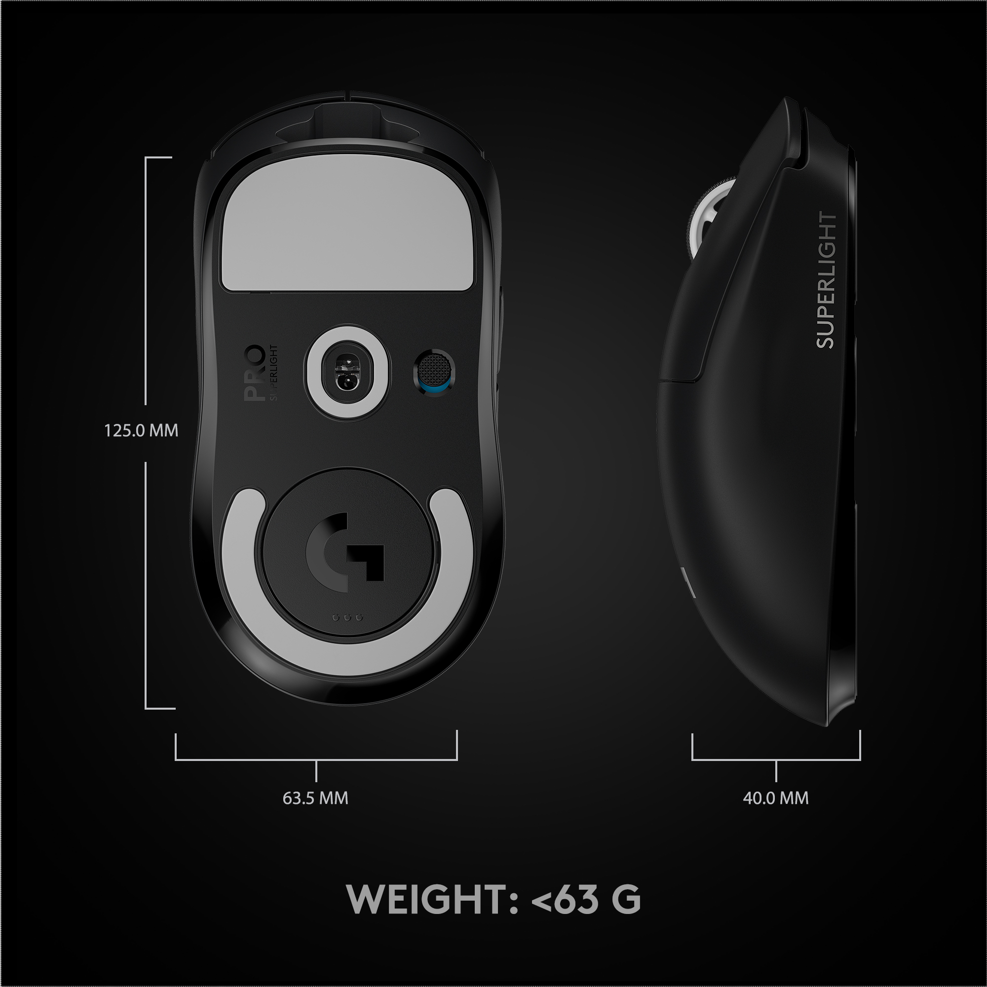 Une souris de jeu noire, avec des dimensions et des informations de poids.
