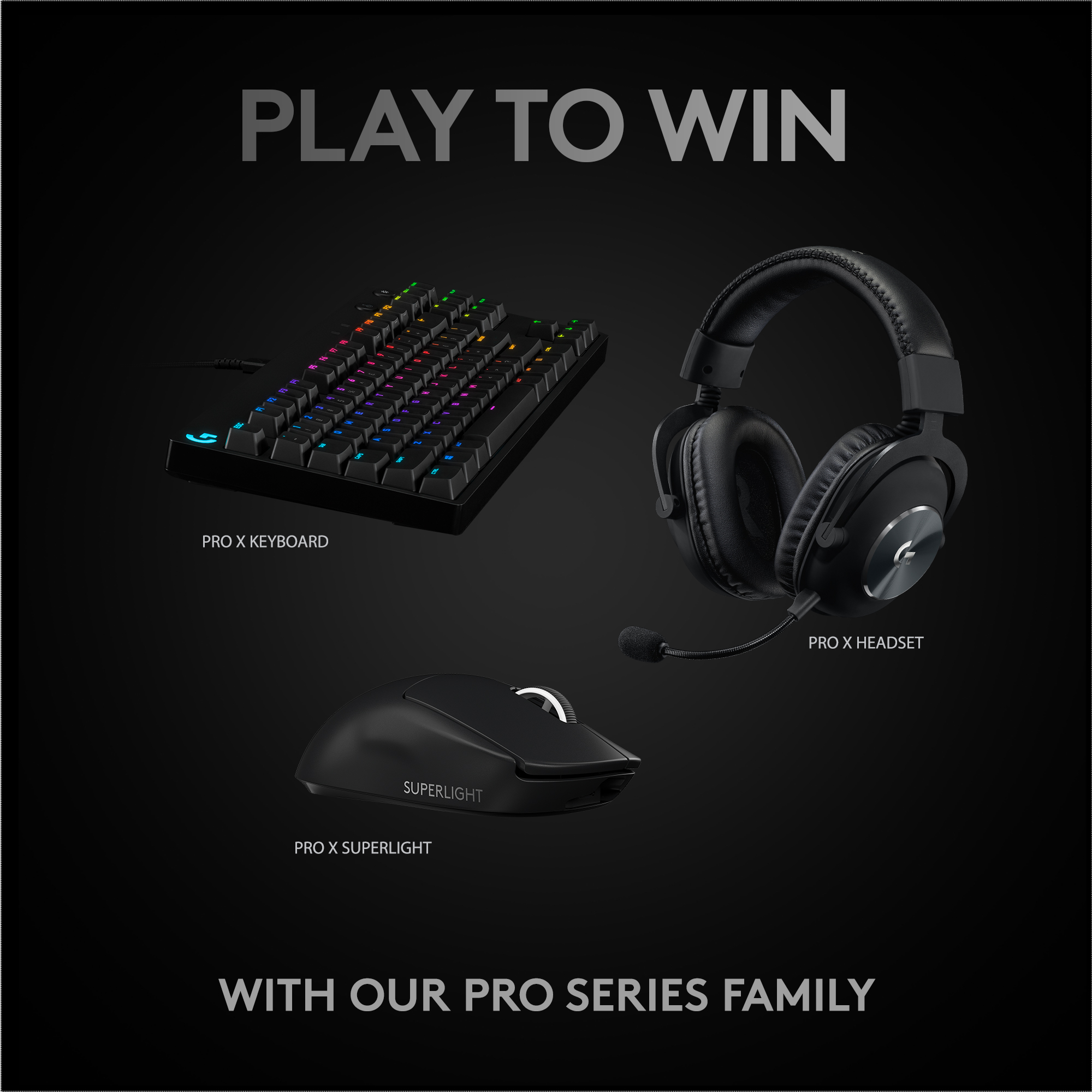 Configuration de jeu : clavier, casque et souris, tous noirs, fond sombre.