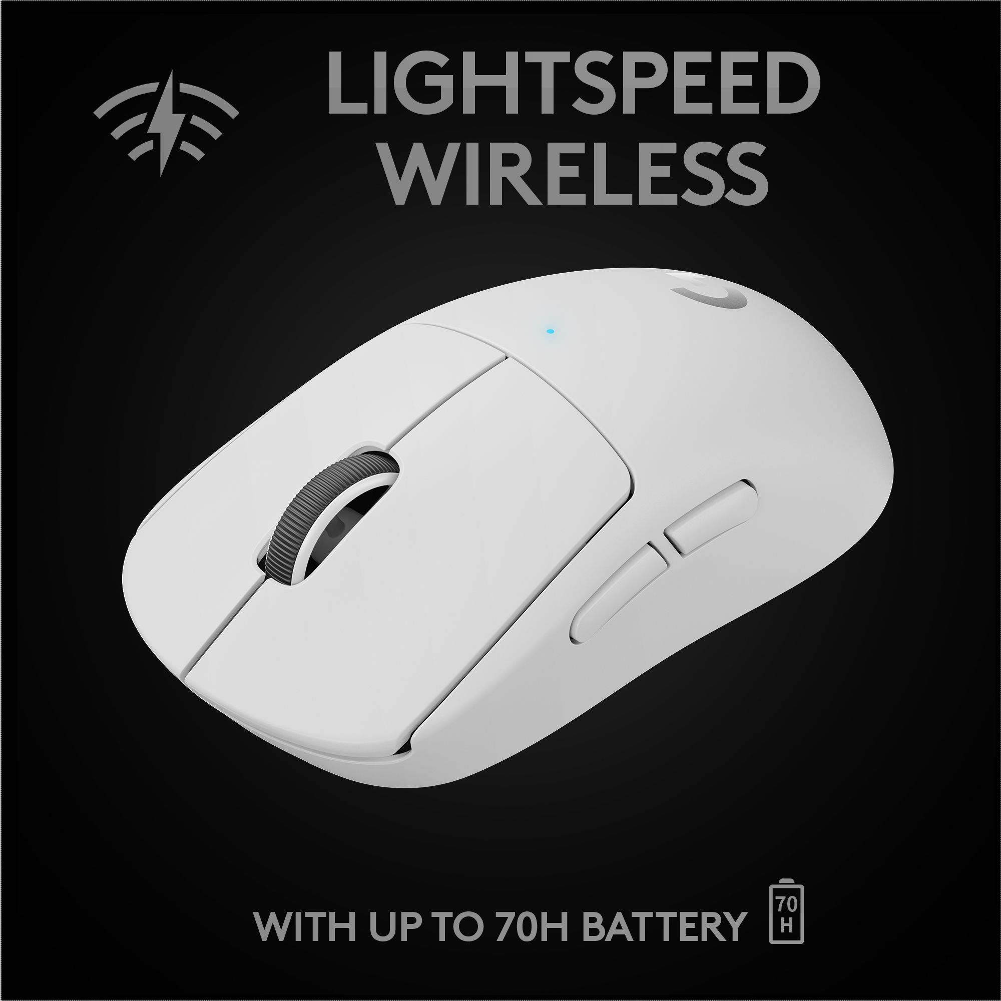 Une souris sans fil blanche avec une molette et deux boutons, sur fond noir.
