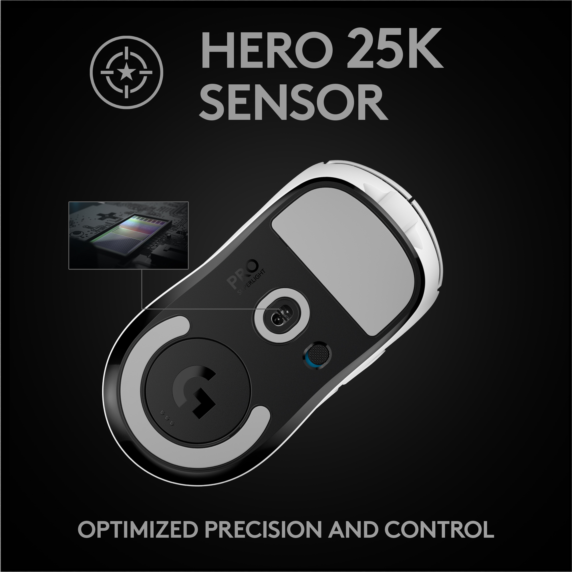 Souris de jeu avec les mots "PRO" et "Hero 25K Sensor" en haut.