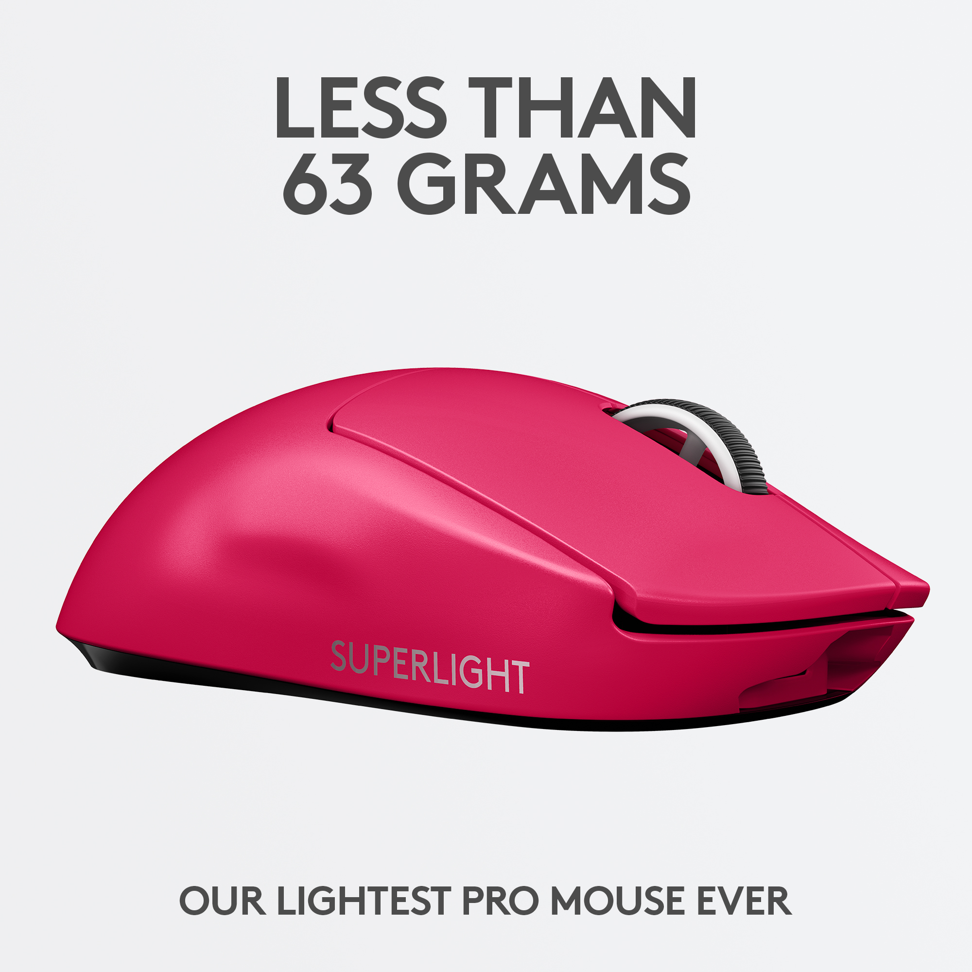 Pinke Superlight Gaming-Maus. Die Maus hat ein weißes Scrollrad und ist auf weißem Grund.