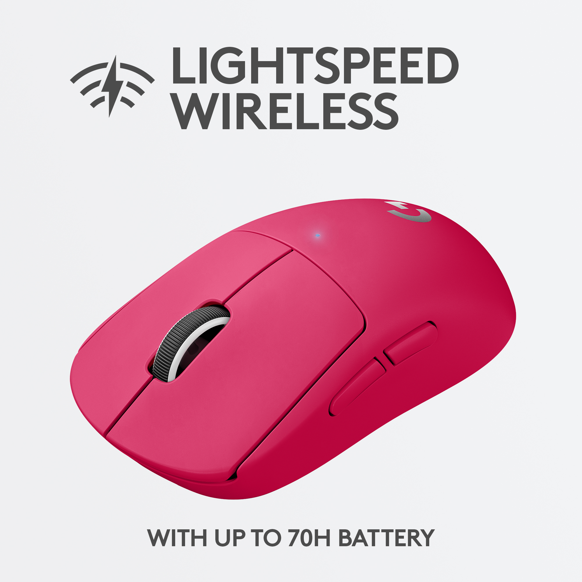 Rosa kabellose Maus mit schwarzem Scrollrad und Tasten. Text: Lightspeed Wireless, mit bis zu 70 Stunden Akku.
