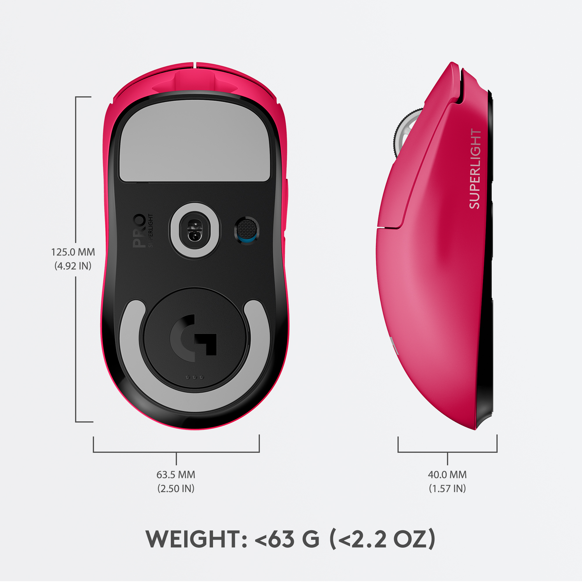 Rosa Gaming-Maus in zwei Ansichten, mit Abmessungen und Gewichtsinformationen.