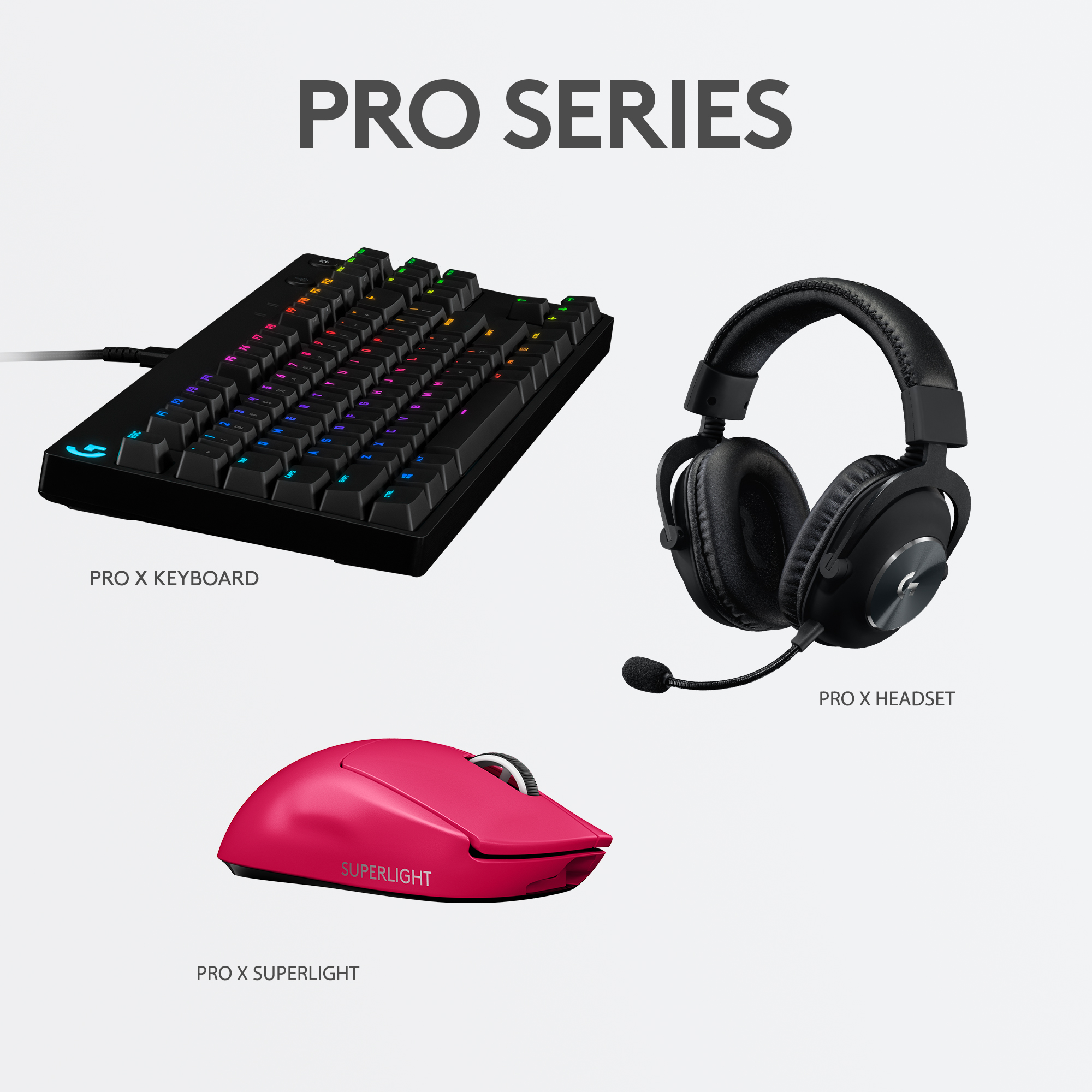 Drei Logitech Pro Series Gaming-Zubehörteile: Tastatur, Headset und Maus. Alle sind schwarz, rosa Maus.