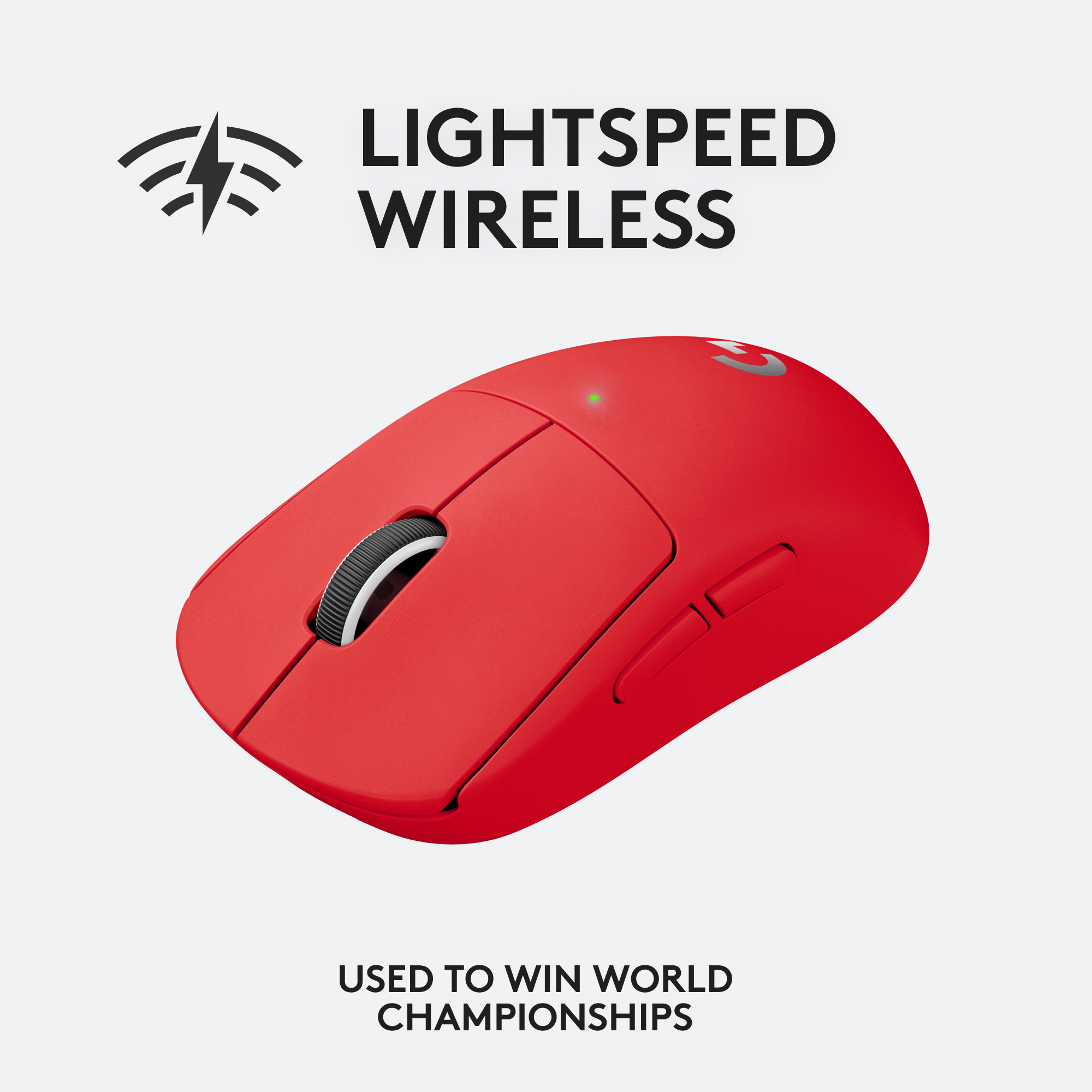 Rote kabellose Gaming-Maus mit dem Text 'LIGHTSPEED WIRELESS' und 'USED TO WIN WORLD CHAMPIONSHIPS'.