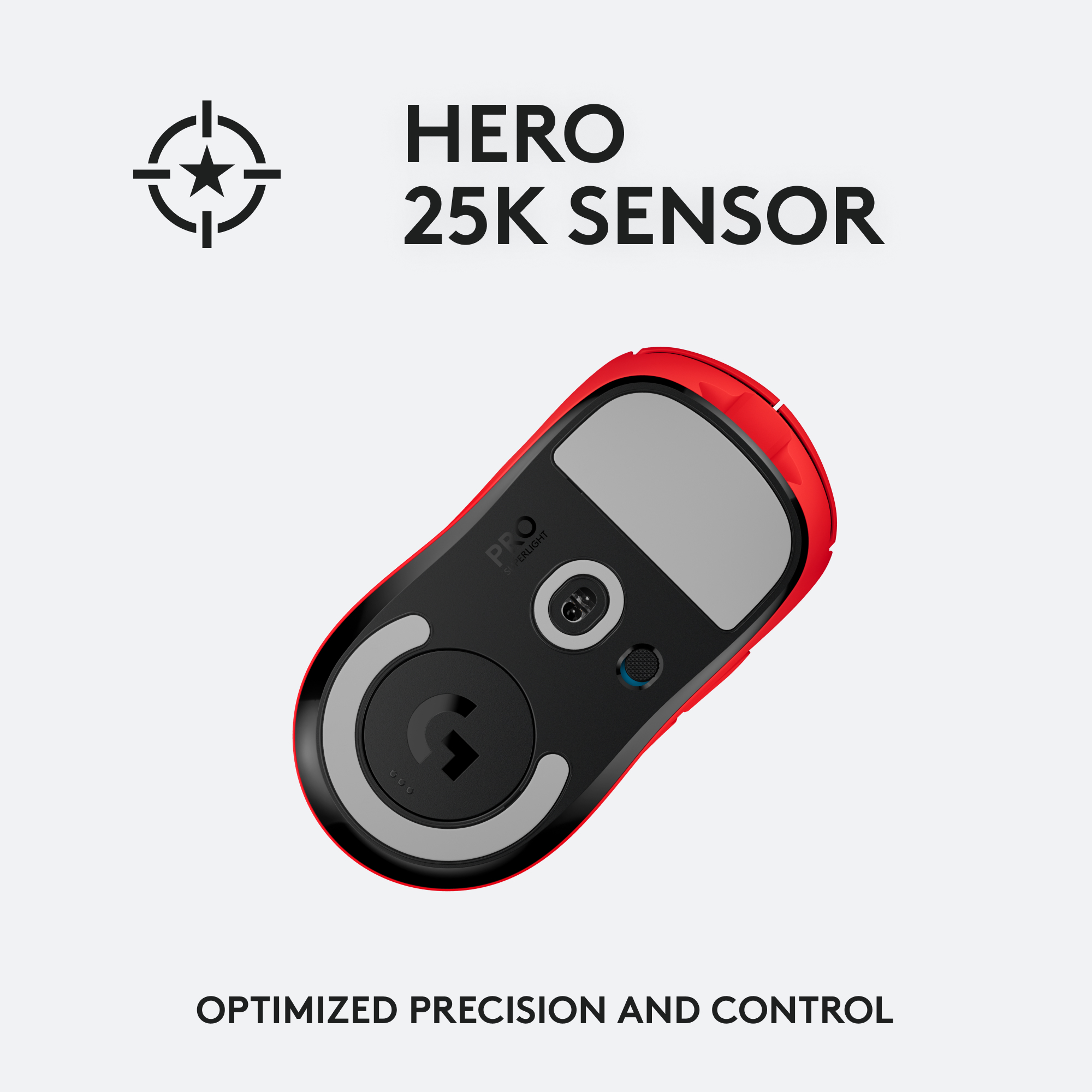 Unterseite einer schwarzen und roten Gaming-Maus. Hero 25K Sensor, schwarz-rotes Design.