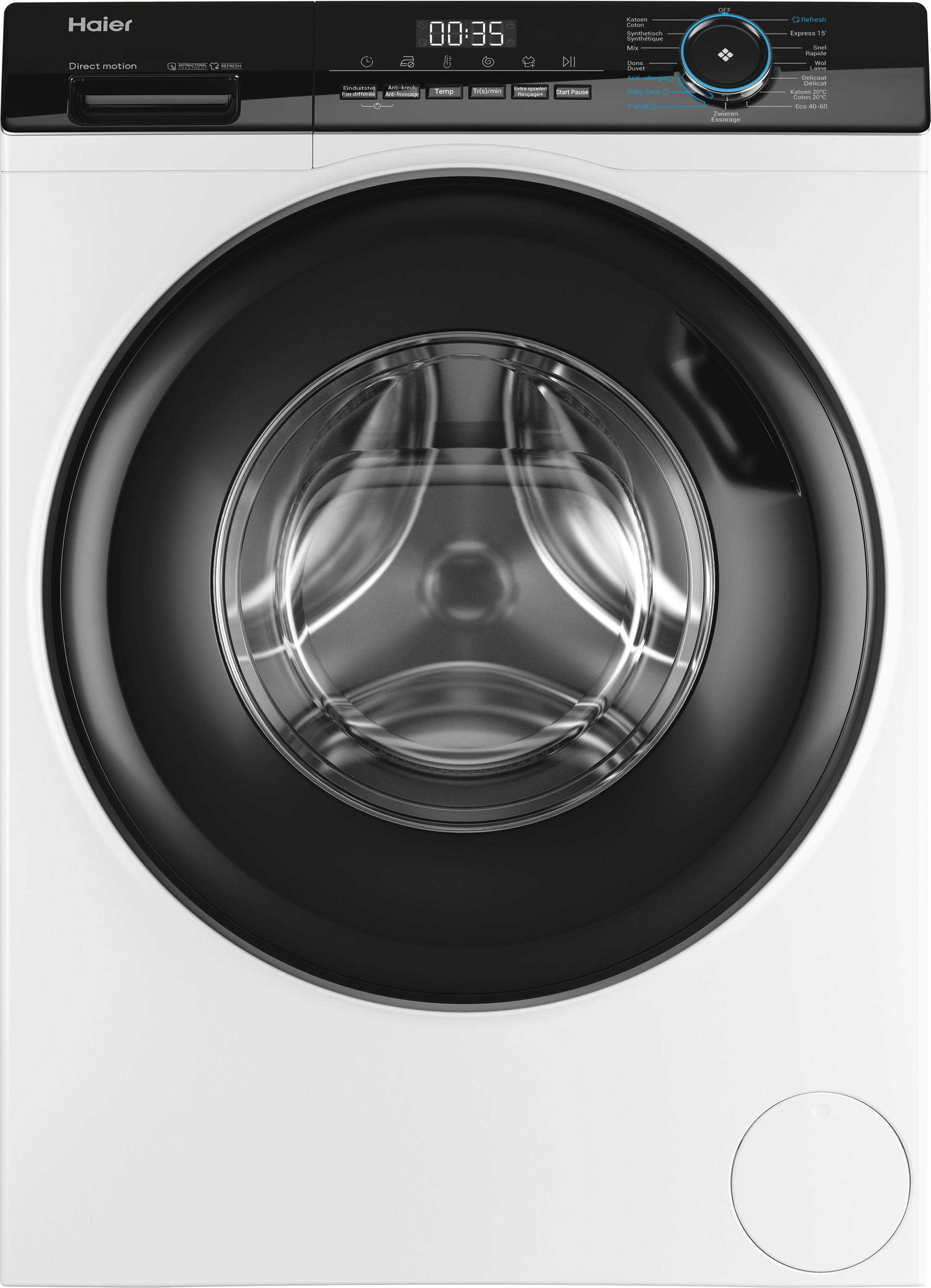 White washing machine. Front view with a black door and control panel. White body.
