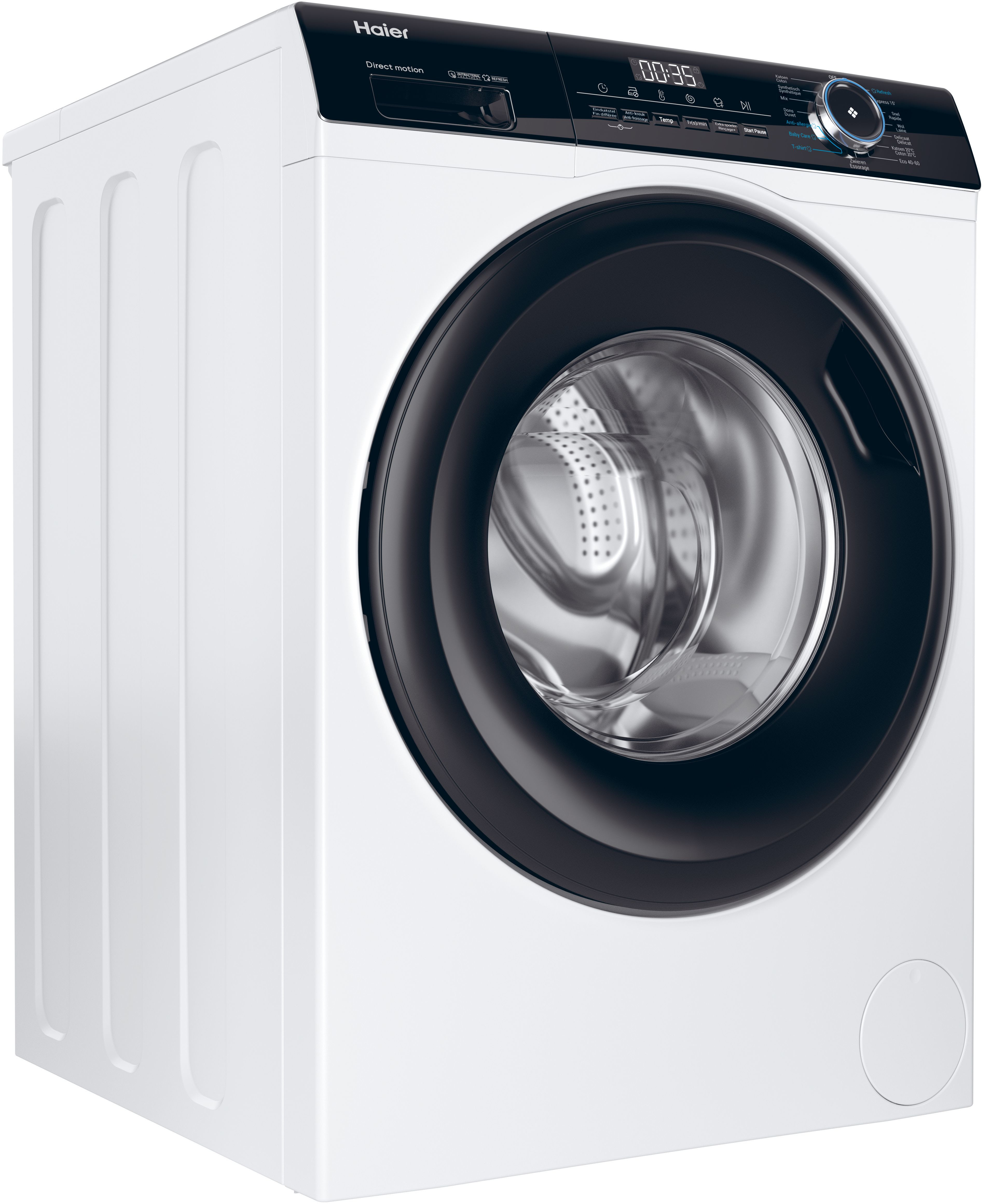 White Haier washing machine. The front features a black door, control panel, and a curved design. The machine is clean.