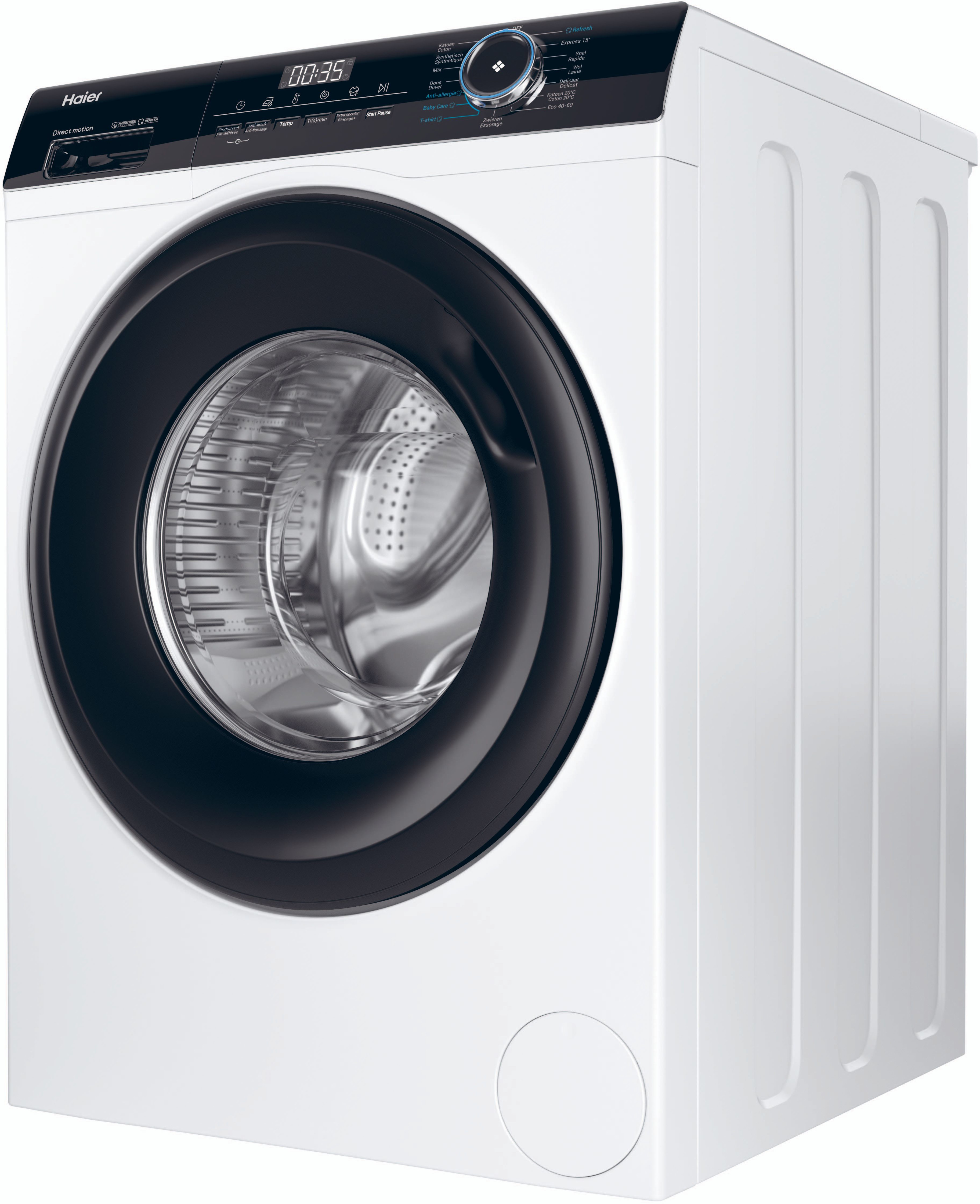 A white washing machine with a black door.