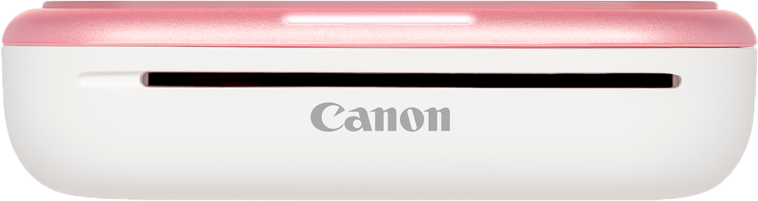 A white Canon printer with a pink top.