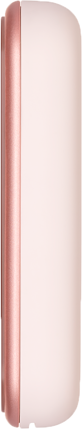 A light pink, white and rose gold charging case, viewed from the side against a black background.