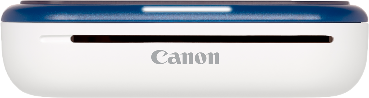 A white and blue Canon printer with the Canon logo on the front.