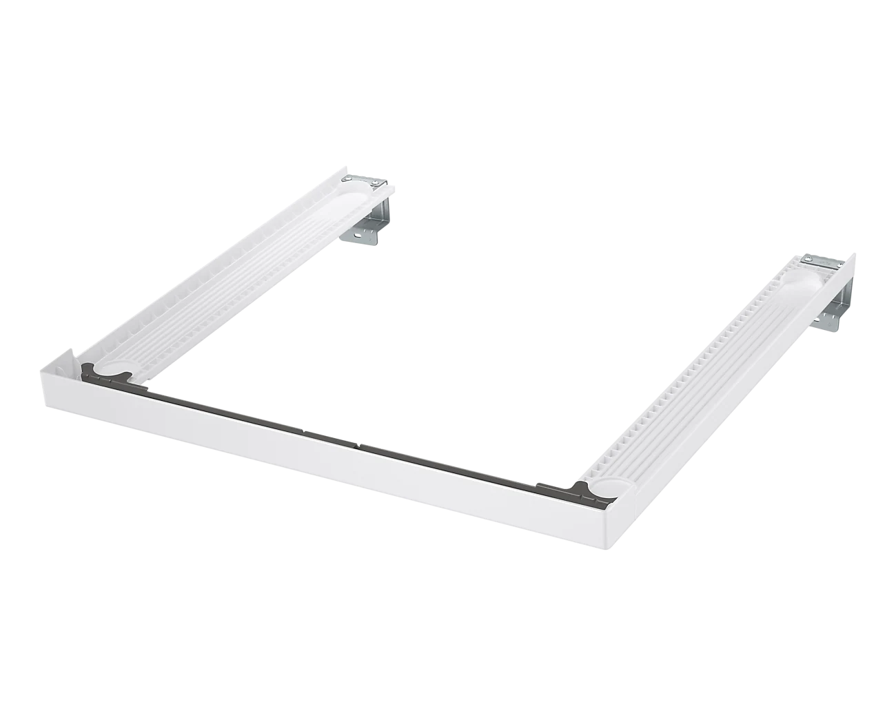 Ein weißes Samsung Waschmaschinen-Untergestell. Es hat zwei Seitenschienen und eine Frontstütze.