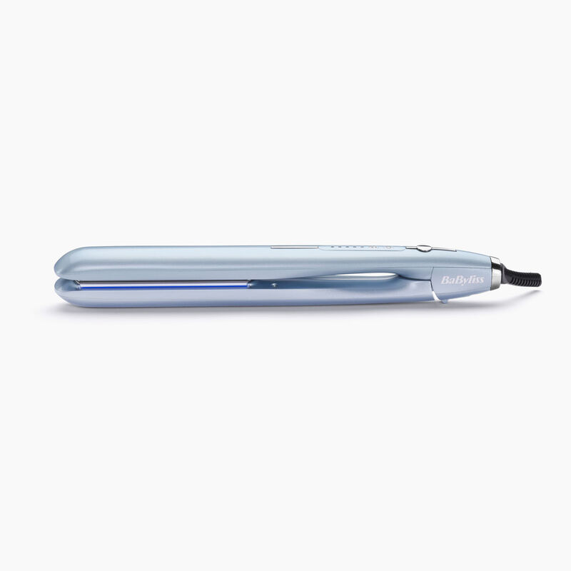 A blue hair straightener on a white background. It has a sleek design.