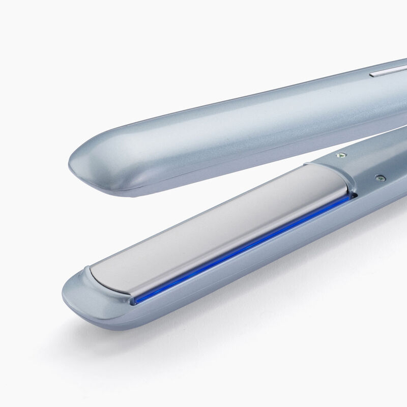 A blue hair straightener with a silver plate on a white background.
