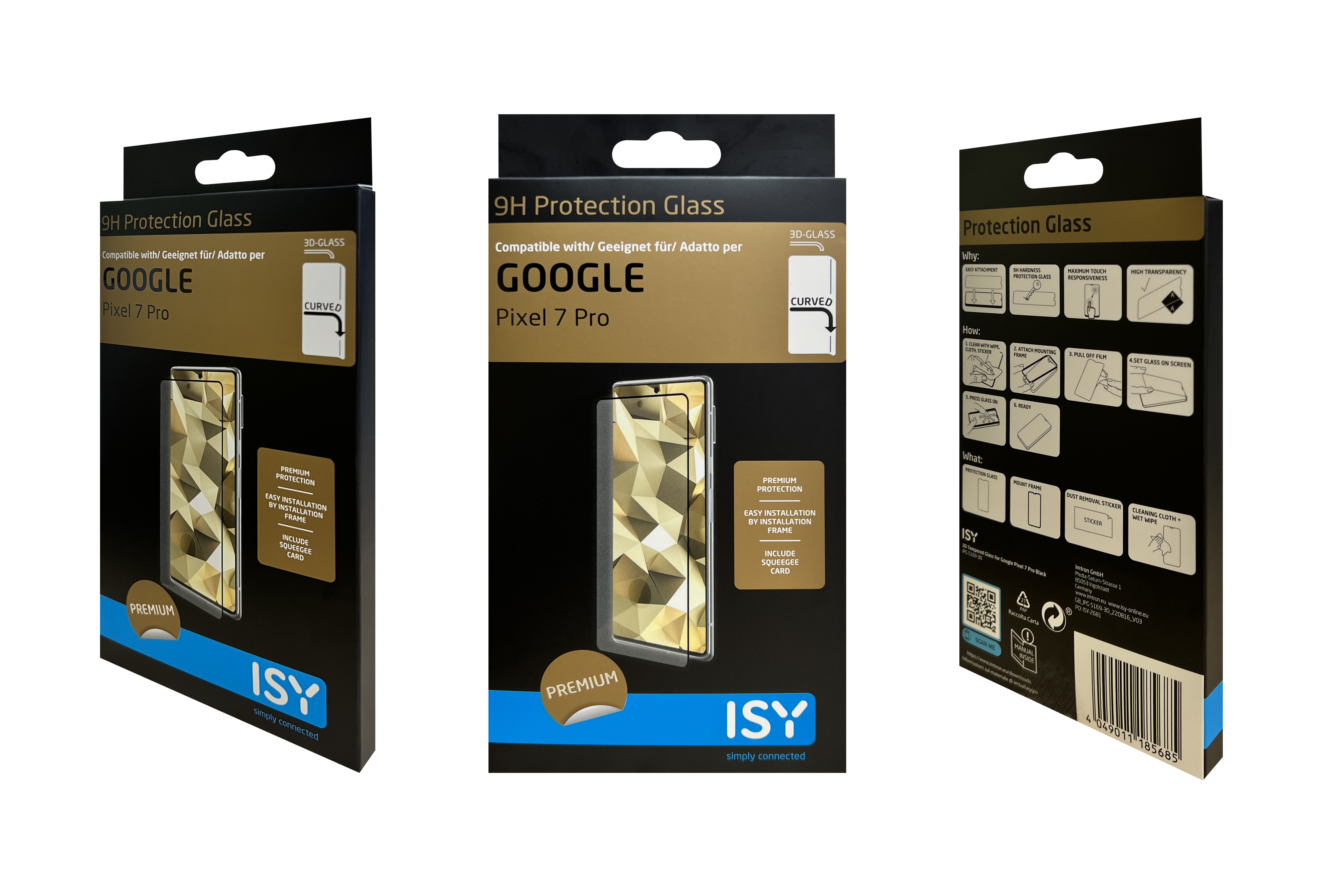Verpackung für Pixel 7 Pro Displayschutz, mit Telefonbild und Branding.