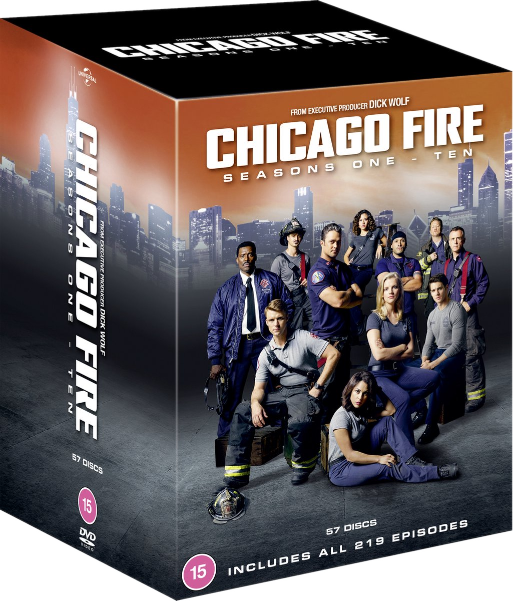 Coffret DVD de la série télévisée "Chicago Fire". Avec une photo des acteurs.