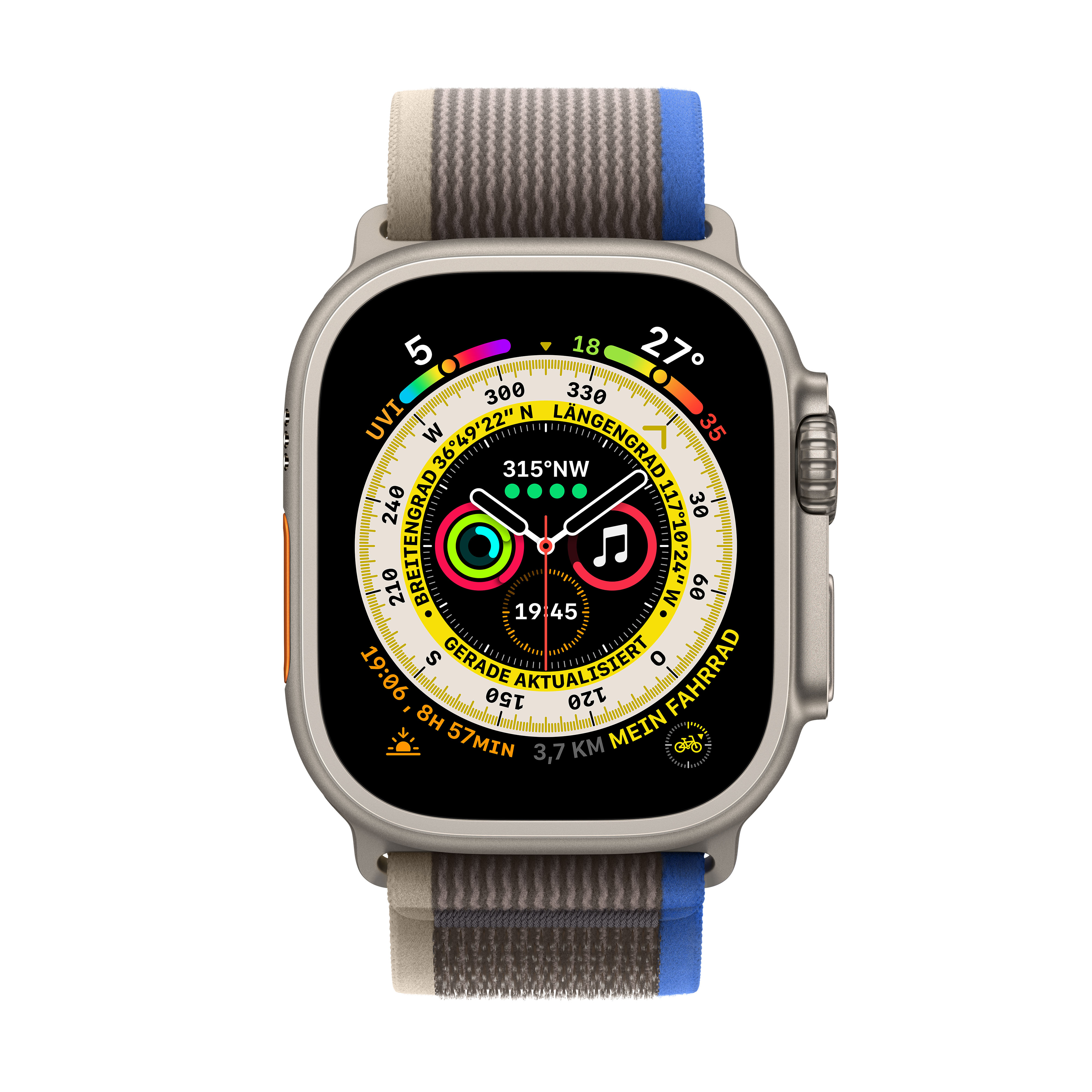 APPLE Watch Ultra GPS+CEL 49 TRAIL S/M TIT Titan - W Smartwatch 130 Blau/Grau Nylon/Gewebe, mm, 180