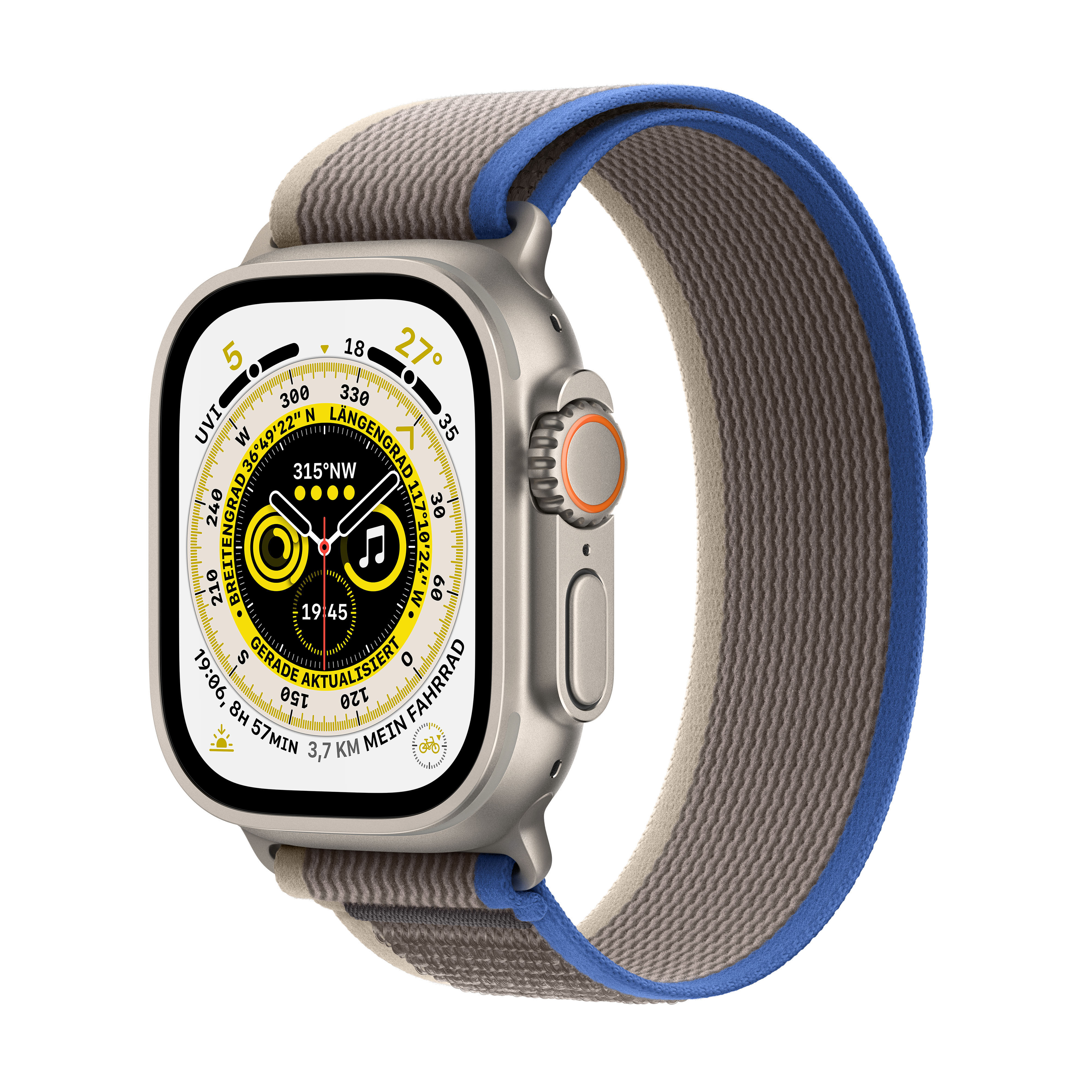 APPLE Watch Ultra GPS+CEL 130 Blau/Grau Smartwatch - mm, W Nylon/Gewebe, 180 Titan 49 TRAIL S/M TIT