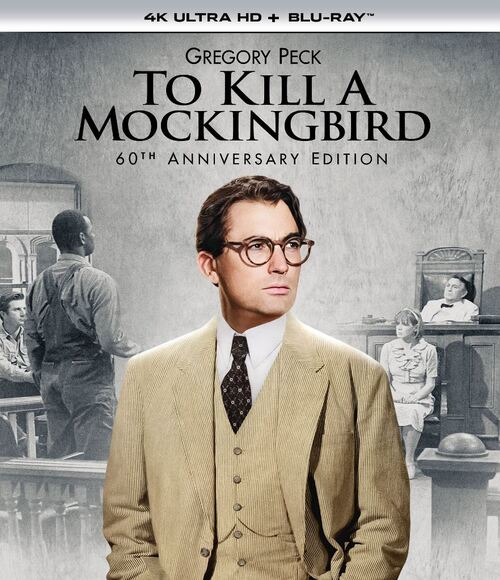 Affiche de film: Gregory Peck en costume, devant une scène de tribunal.