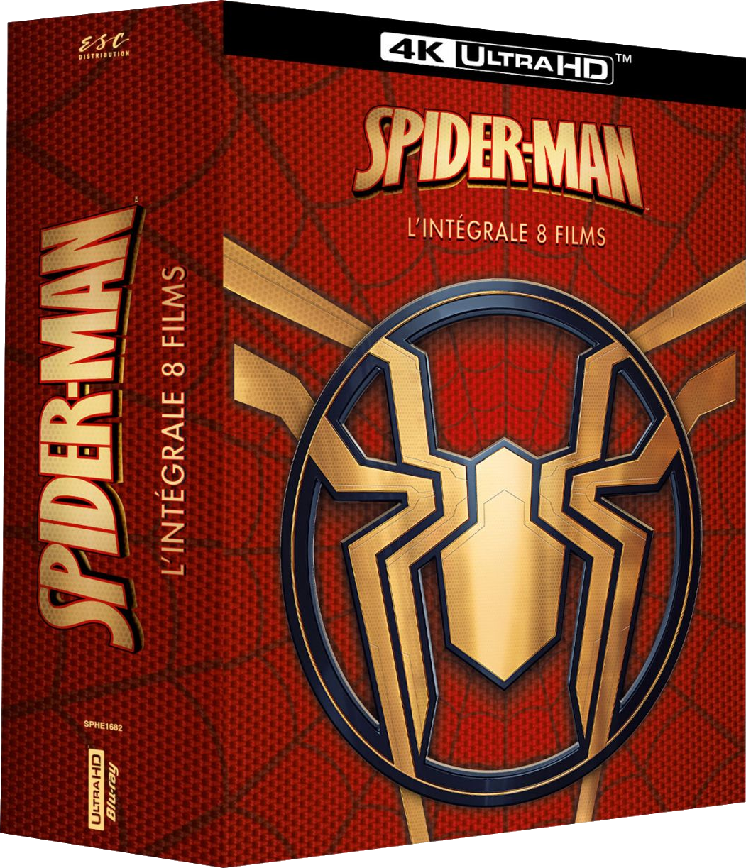 Coffret Spider-Man. Rouge et or, avec le logo et le titre Spider-Man.