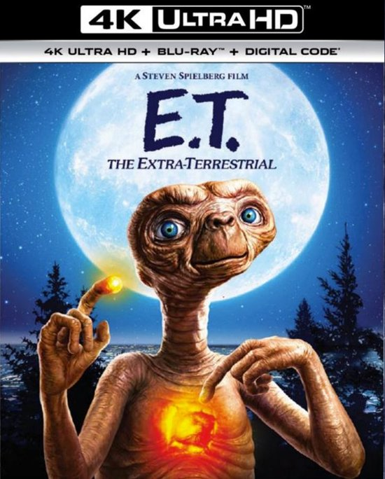 DVD-hoes van 'E.T. the Extra-Terrestrial'. Toont E.T. en een grote maan. Blauwe achtergrond.