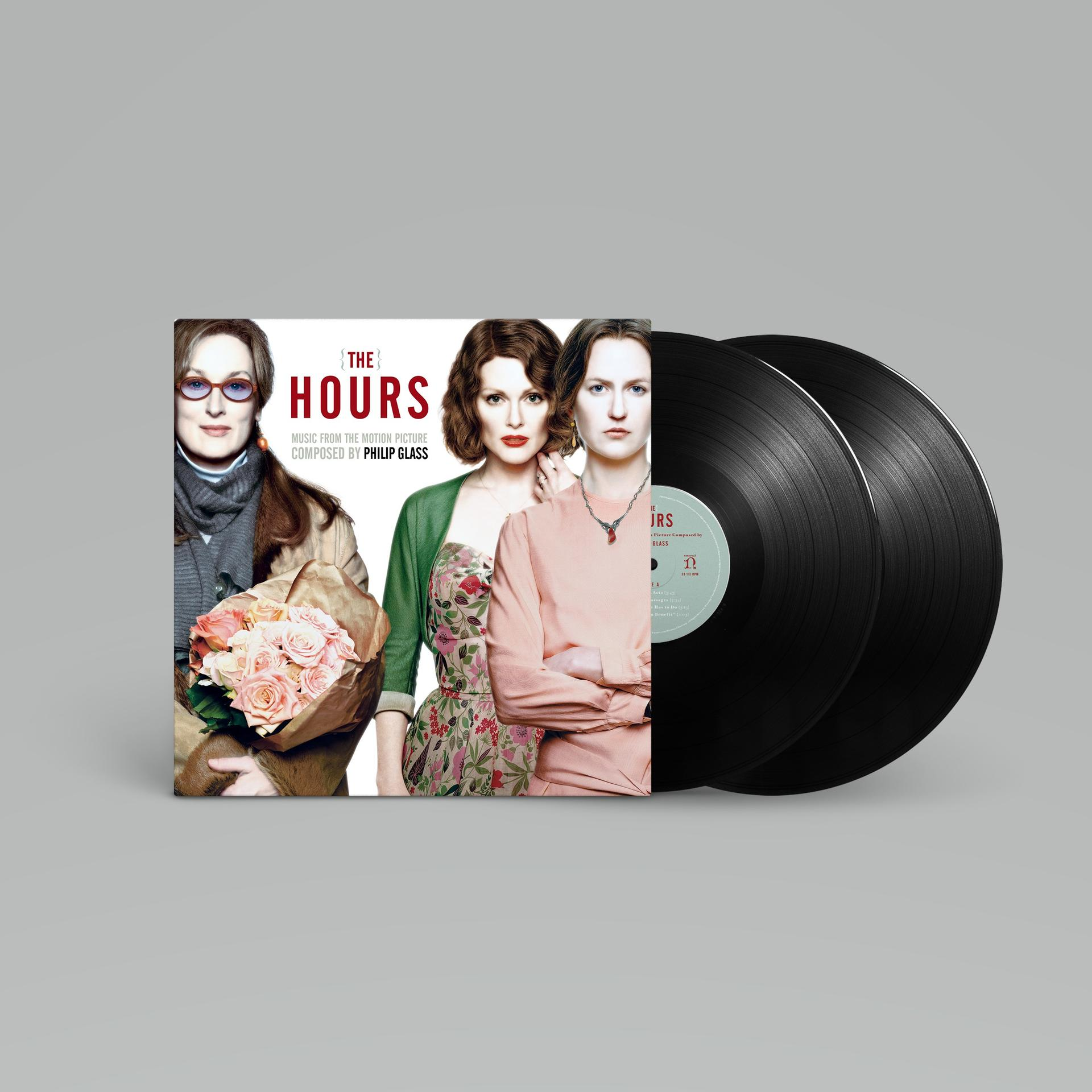Albumcover des Soundtracks 'The Hours', mit Albumcover und Vinyl-Schallplatten an der Seite.