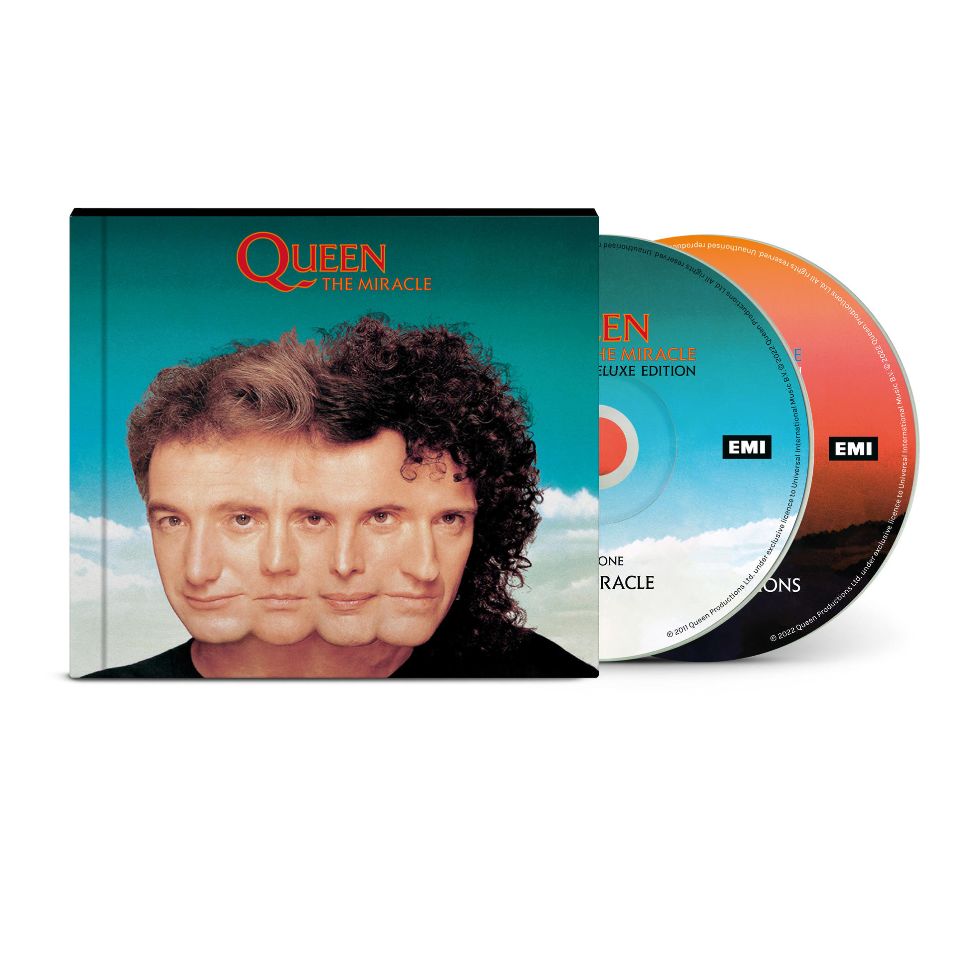 Queen Albumcover mit den Gesichtern der Band. Zwei CDs sind rechts sichtbar.