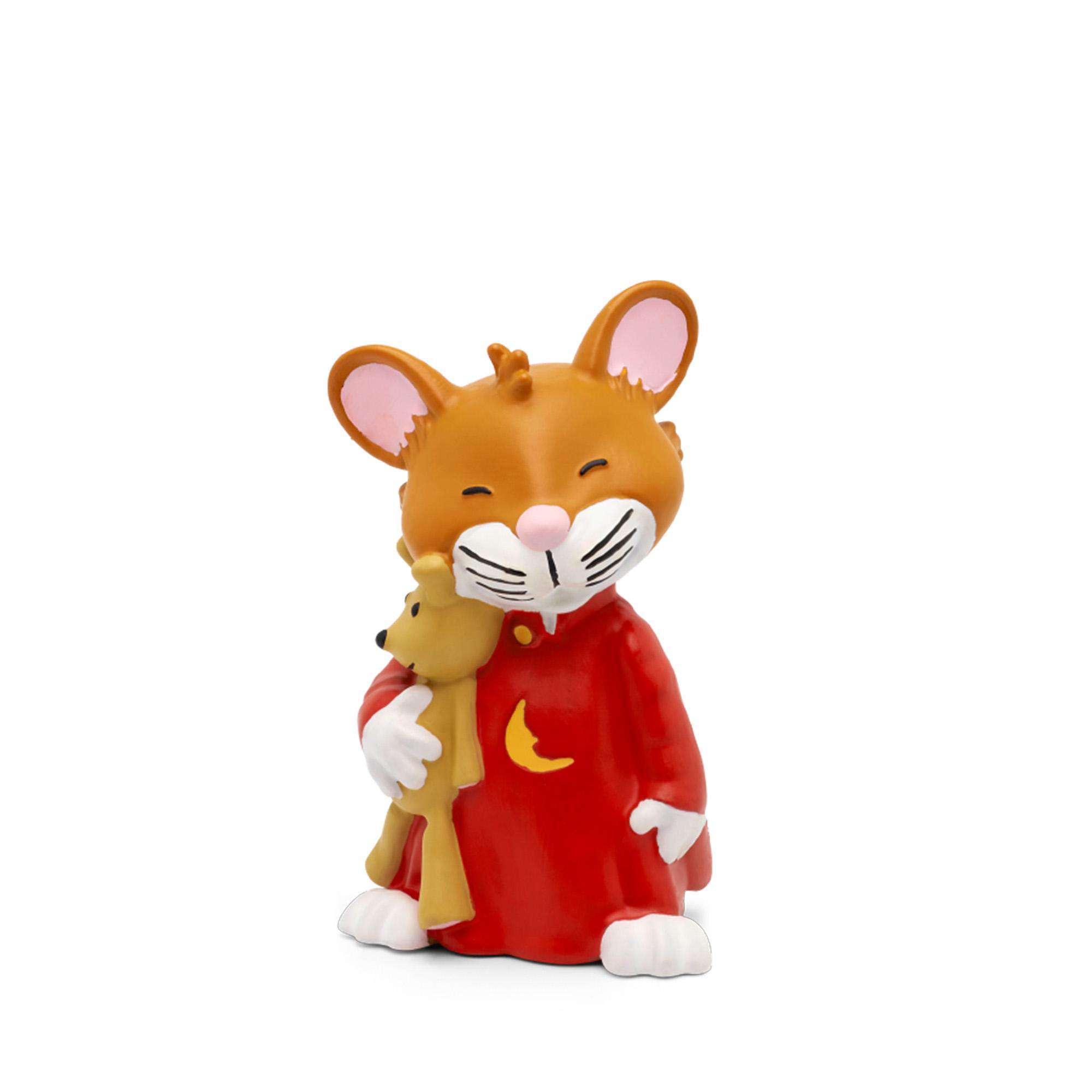 Eine Zeichentrickmaus in roter Kleidung umarmt einen Teddybären. Die Maus lächelt und hat geschlossene Augen.