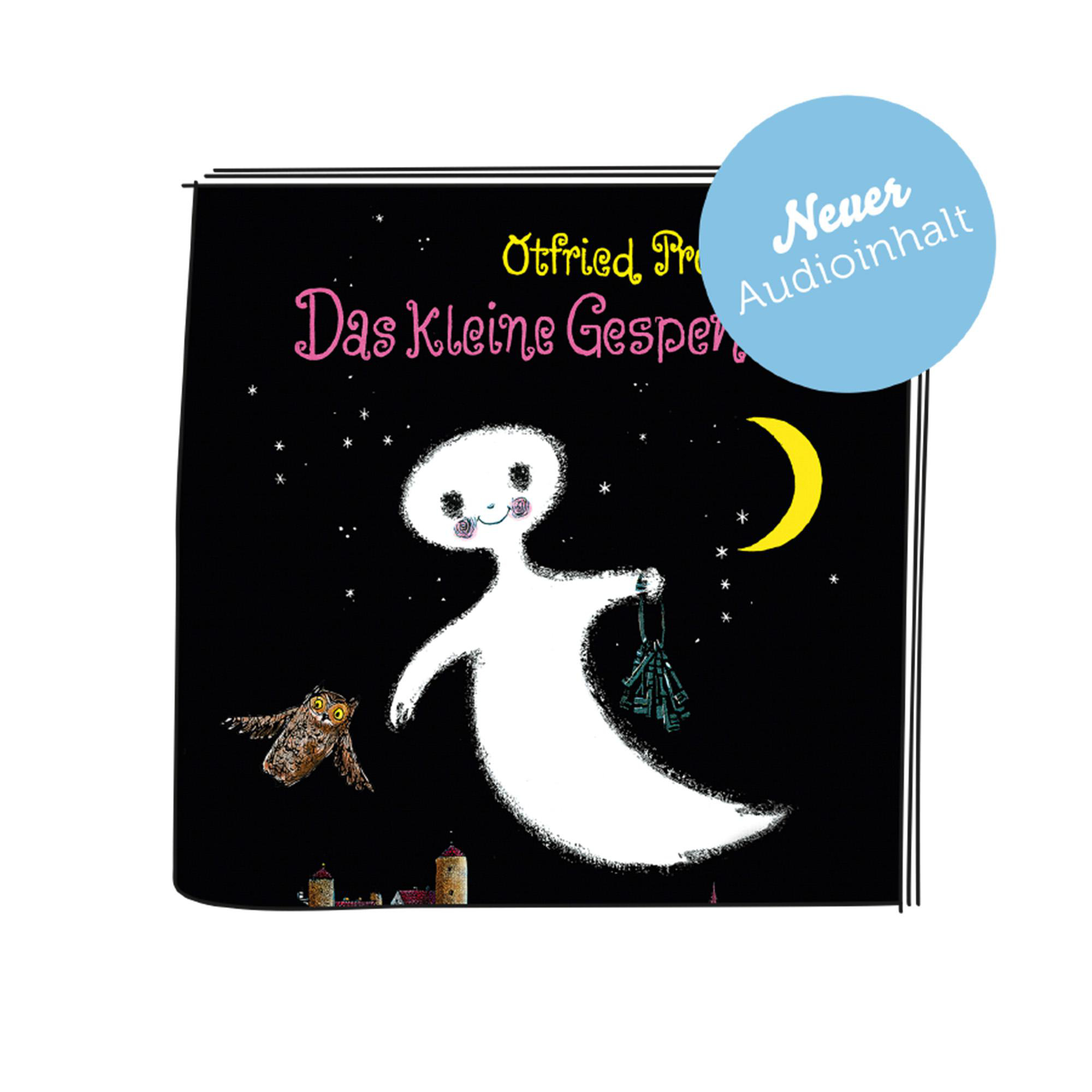 Kinderbuchcover mit einem Cartoon-Gespenst, einer Eule und einem Mond auf schwarzem Hintergrund.