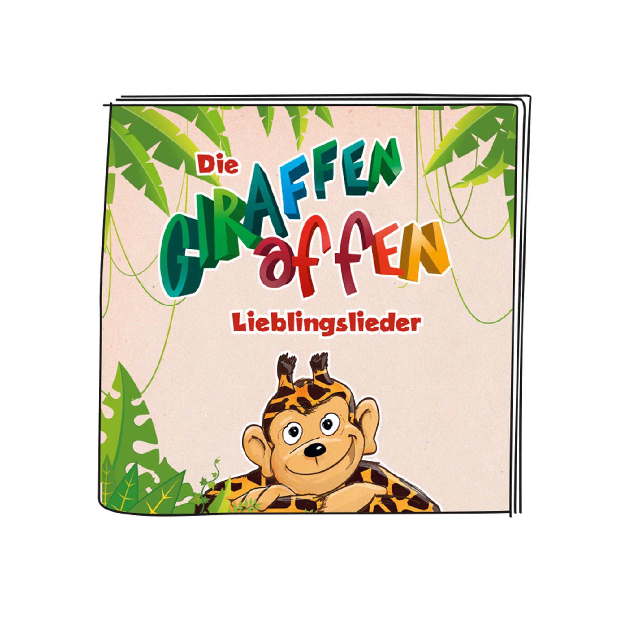 Illustration eines Giraffen-Affen-Hybriden mit dem Text 'Die Giraffenaffen Lieblingslieder'.