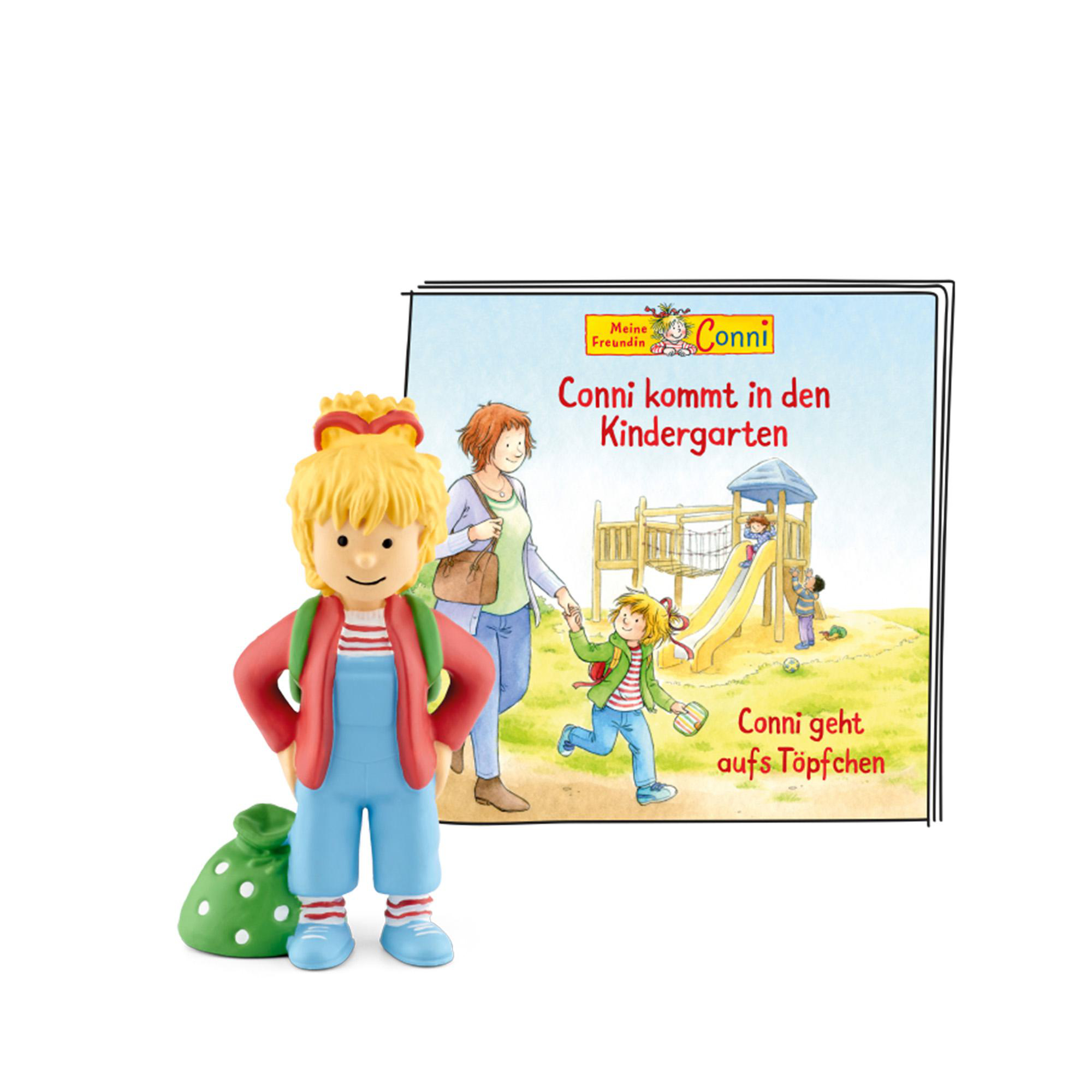 Eine Conni-Figur und ein Buch. Das Buch ist aufgeschlagen und zeigt eine Kindergartenszene.