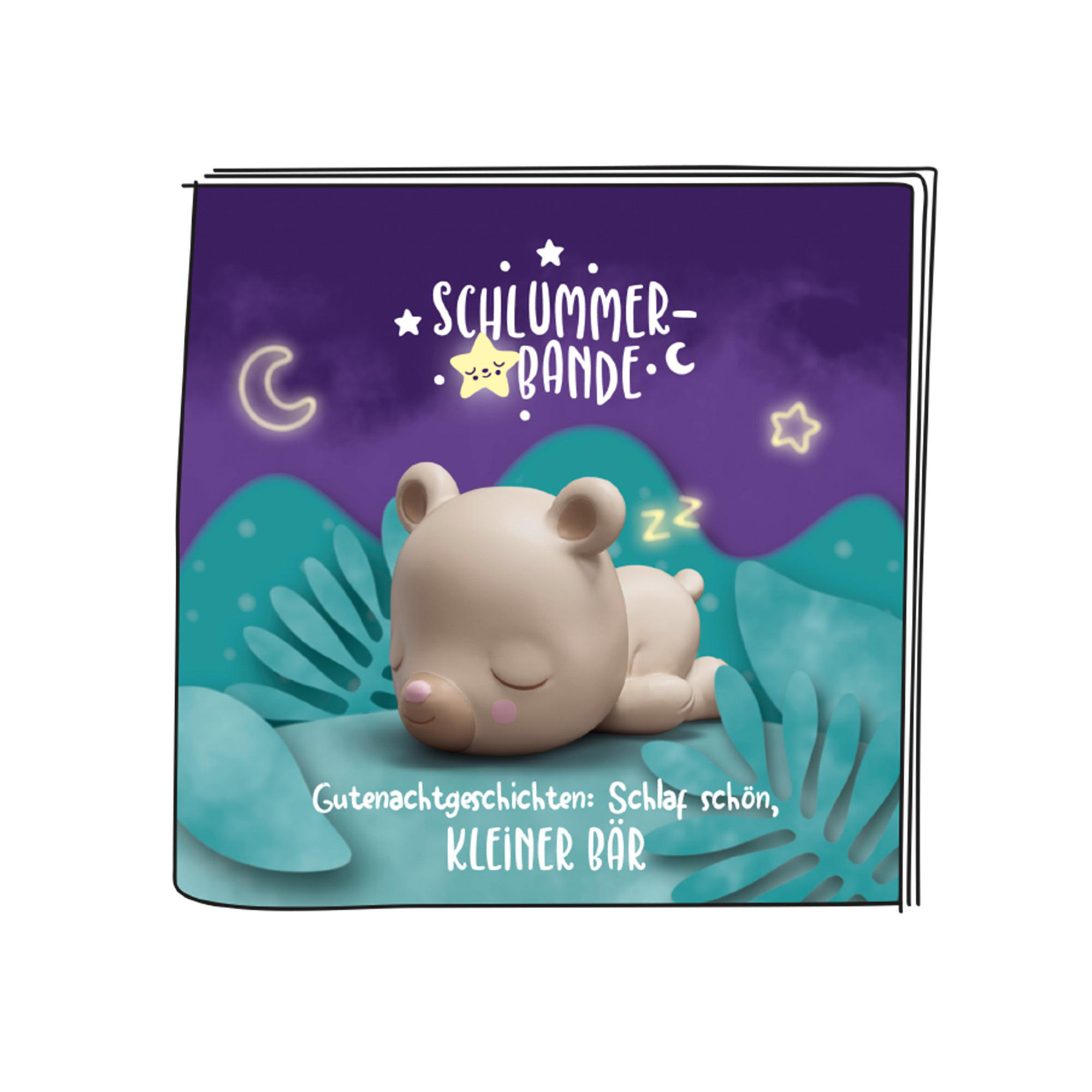 Illustration eines schlafenden Teddybären mit Sternen und einem Mond, Text lautet "Schlummer-Bande" und "Kleiner Bär".