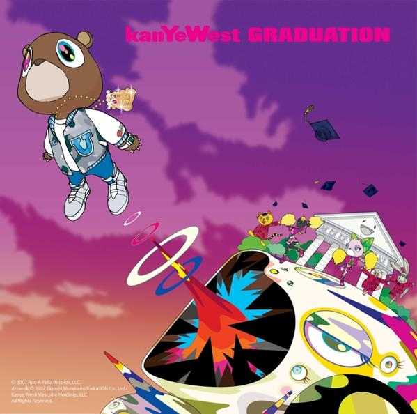 Kanye West Graduation albumhoes. Cartoonbeer in jas. Paarse en roze achtergrond.