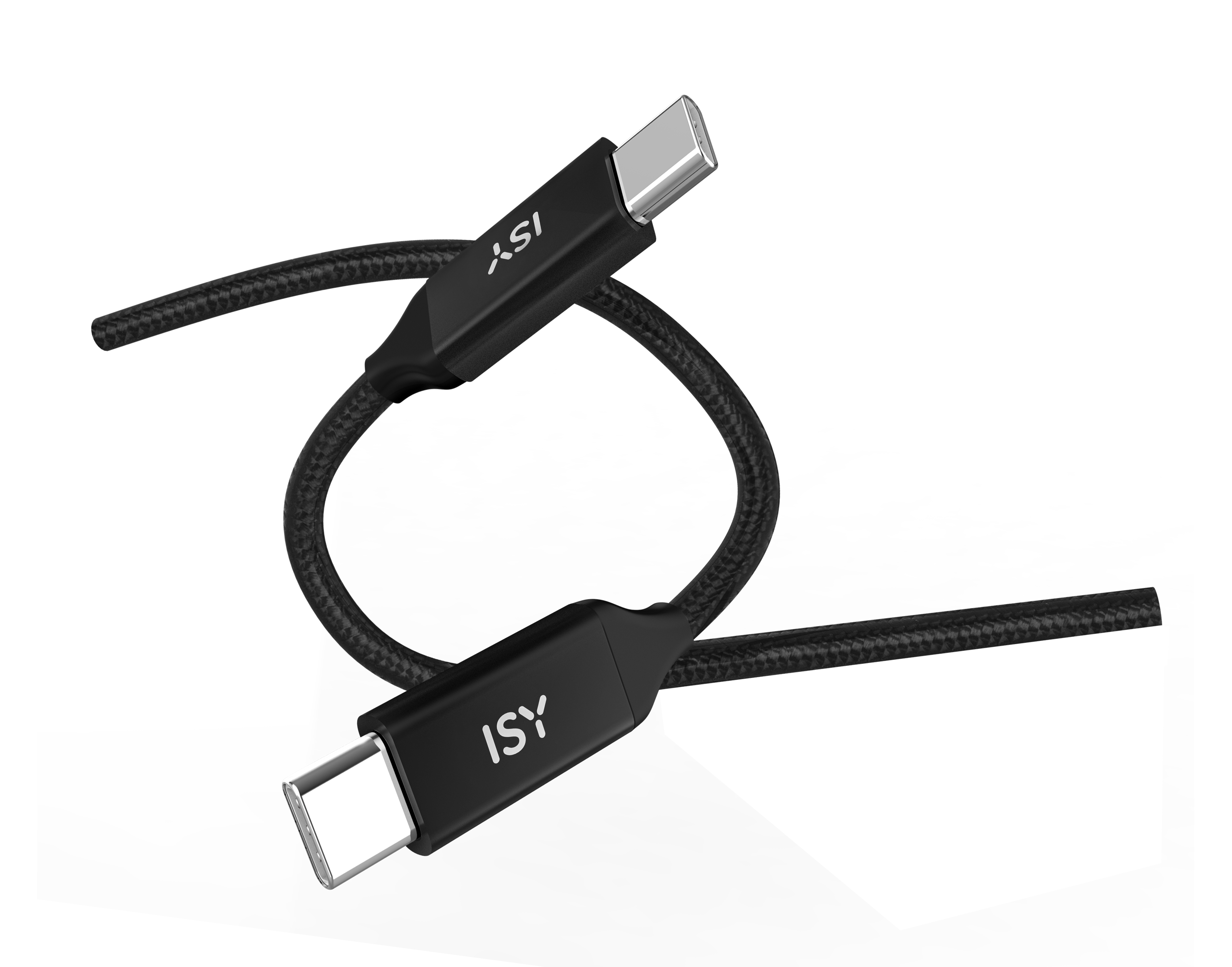 Ein schwarzes USB-C-Kabel mit ISY-Logo und Anschlüssen auf schwarzem Hintergrund.
