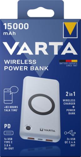 Varta vezeték nélküli power bank doboz fehér power bankkal, töltőportokkal és szöveggel.